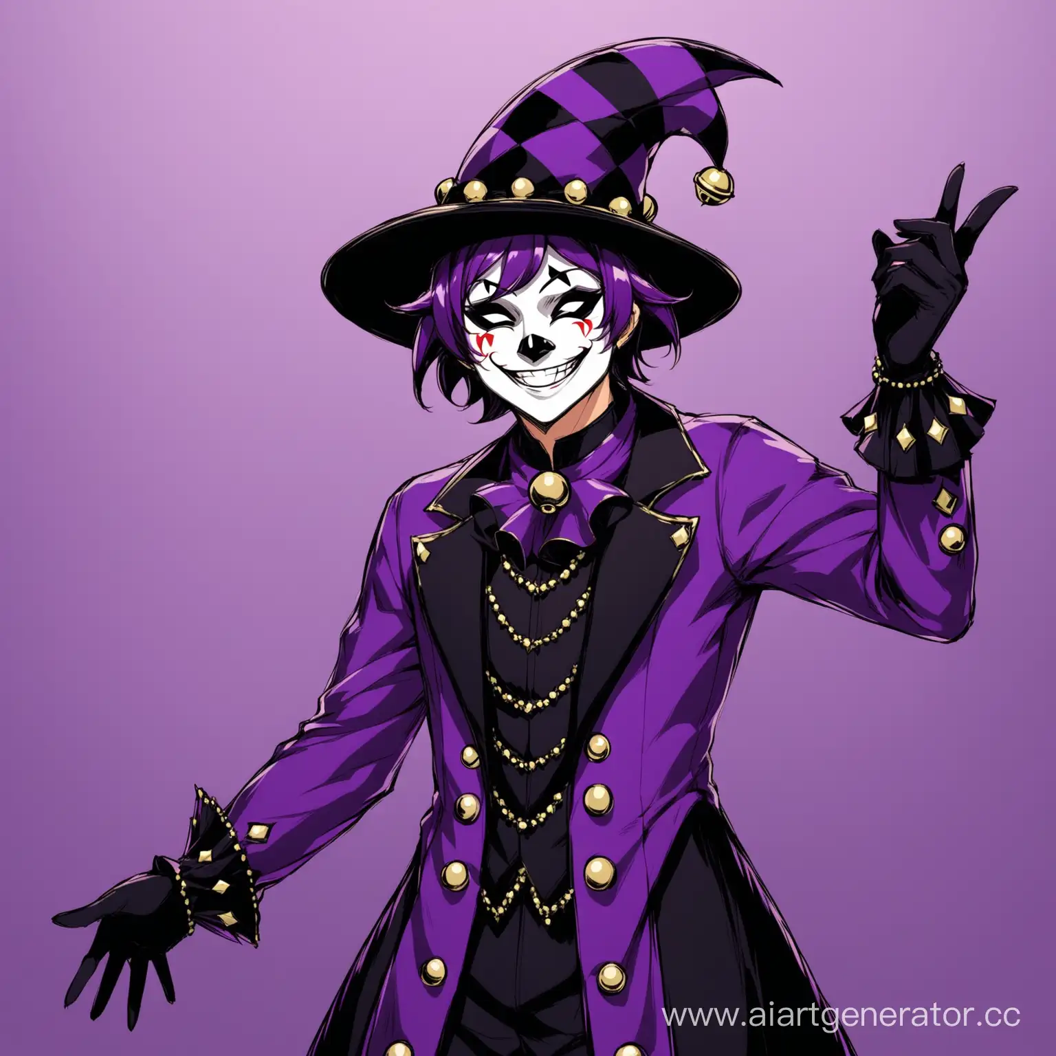 I’ll draw an anime jester whose costume is divided into black and dark purple, he wears a hat of the same color with two bells, and also wears a mask with a wide smile