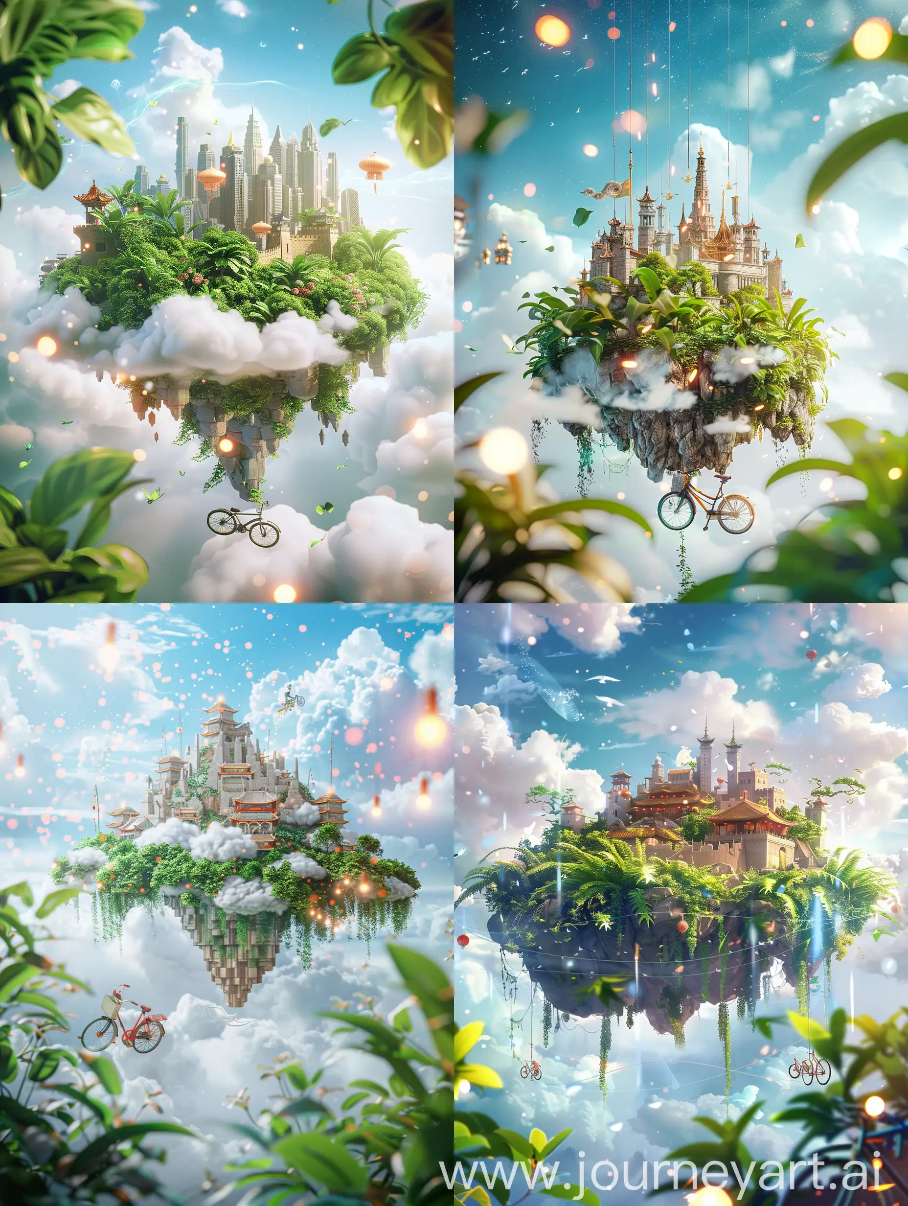 Illustration, 3D effects, Sky City, Hanging Continent, Green Plants, Chinese Castle, Surrounded by White Clouds, Clear Sky, Fantastic, Peach Blossom Land, Beautiful, Happy, Soft Lights with bicycle Anime 