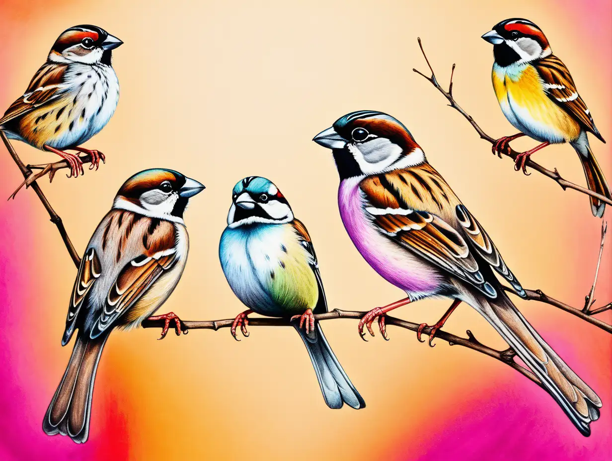Vibrant Sparrows Drawing with Lively Background