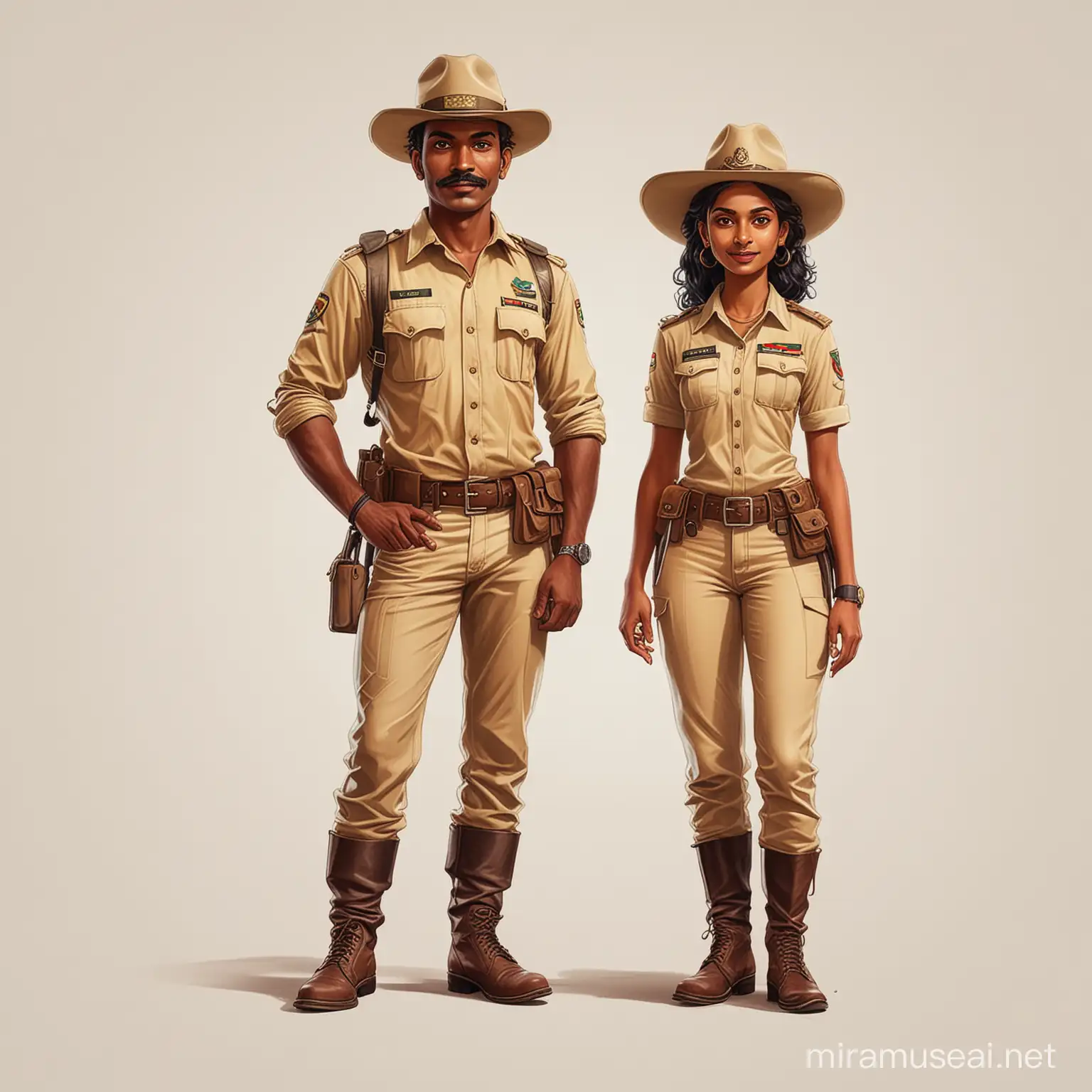 Simple vector art of one Indian dark skinned male forest ranger with short moustache and one Indian dark skinned female forest ranger. Both wearing hats. White plain background. Full length shot.