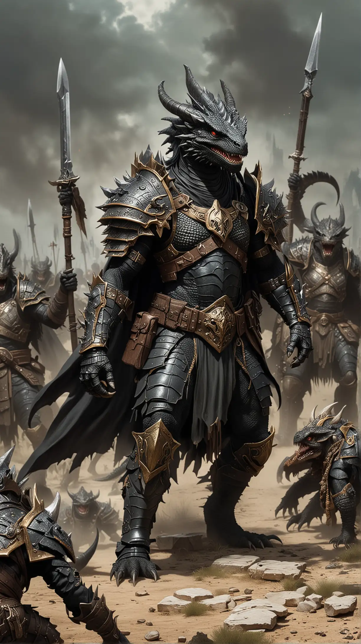 Lizardmen led by a black dragon born warrior who wears a cape and black plate armor