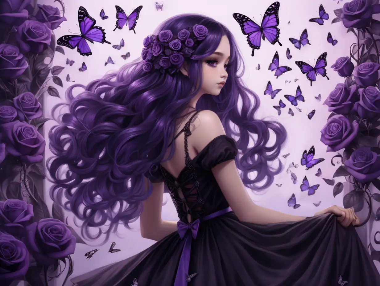 a girl looking beside her with purple roses in her hand a black and purple dress, and long curled purple hair, surrounded by purple buuterflies