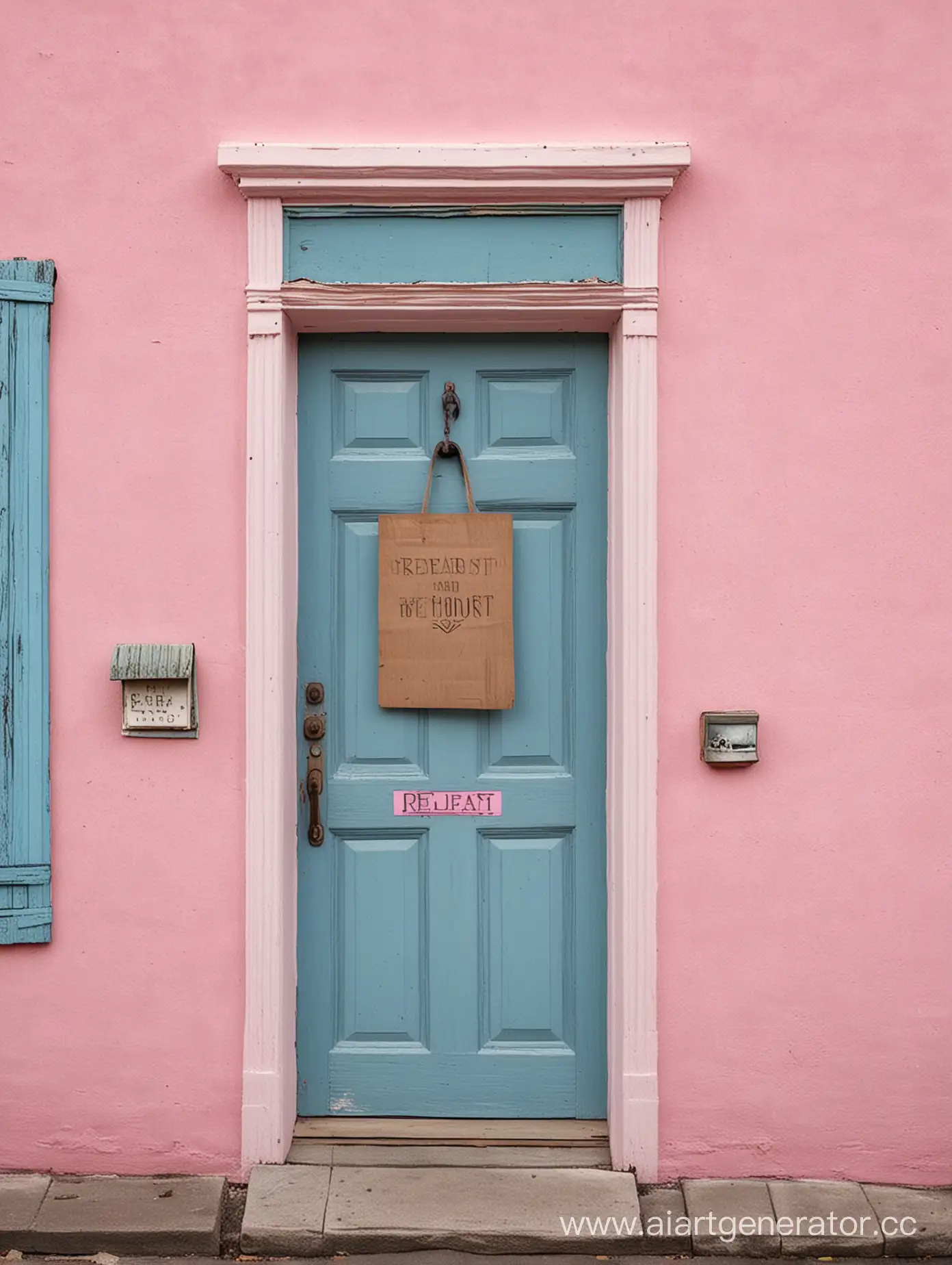 На синей двери в доме с розовыми стенами весит табличка с надписью «Перезагрузка» 
