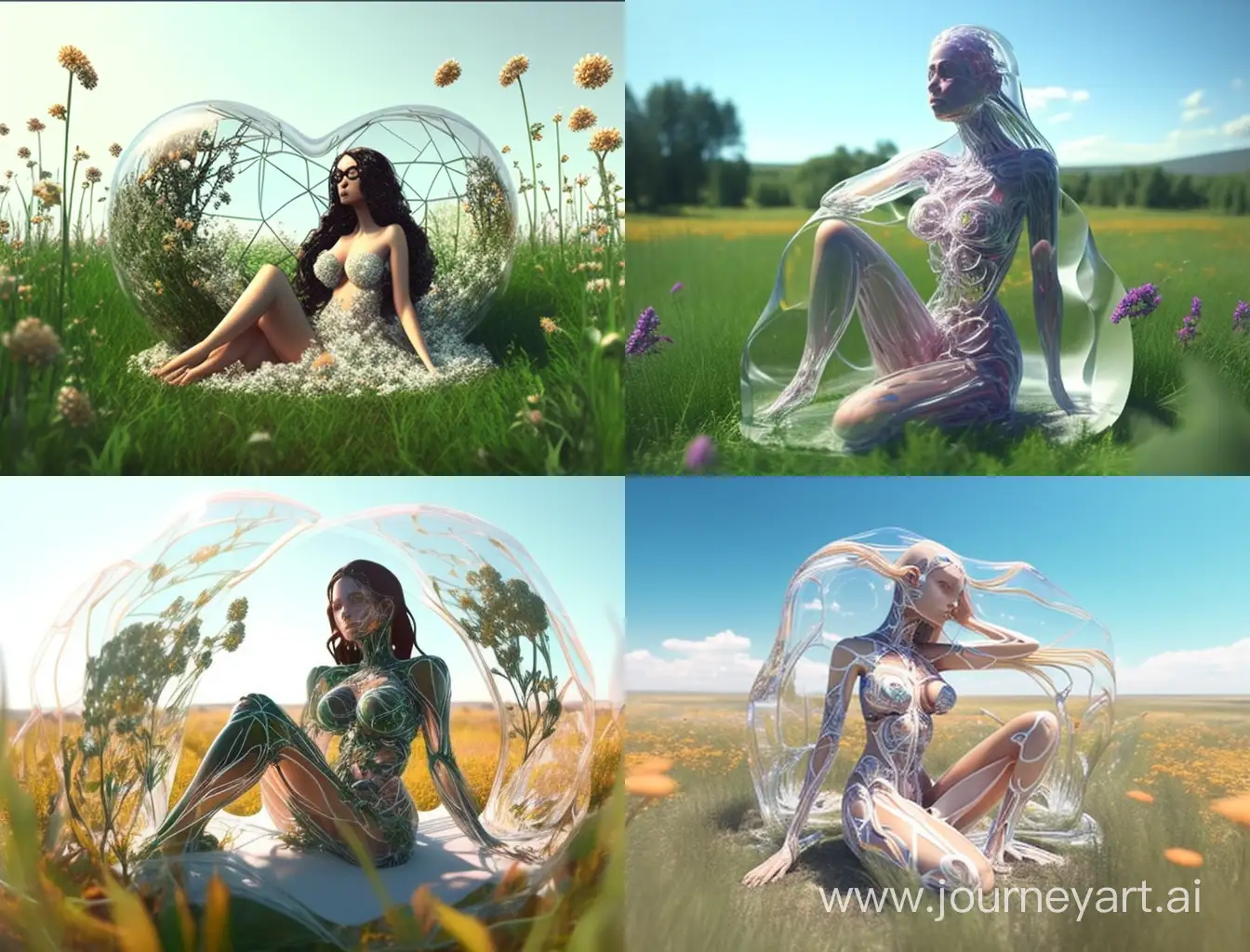 A beautiful woman sitting in the grass with tranparent glass body,3d render, 4k Flowers in the body. foto wide angle