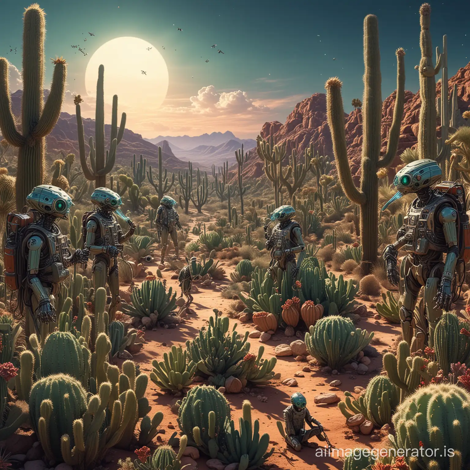 Tribe of alien smokers of DMT surrounded by San Pedro cacti and technological insects playing music on a planet full of marijuana buds