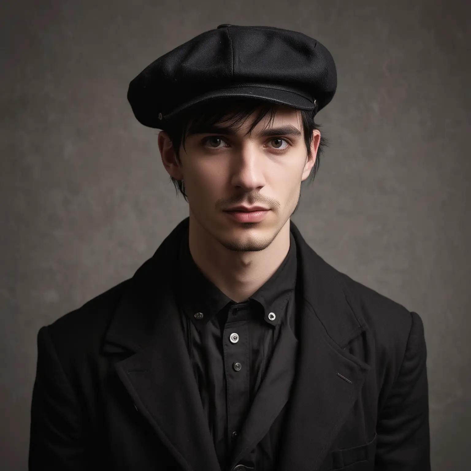 Goth Man Wearing Newsboy Hat in Urban Setting