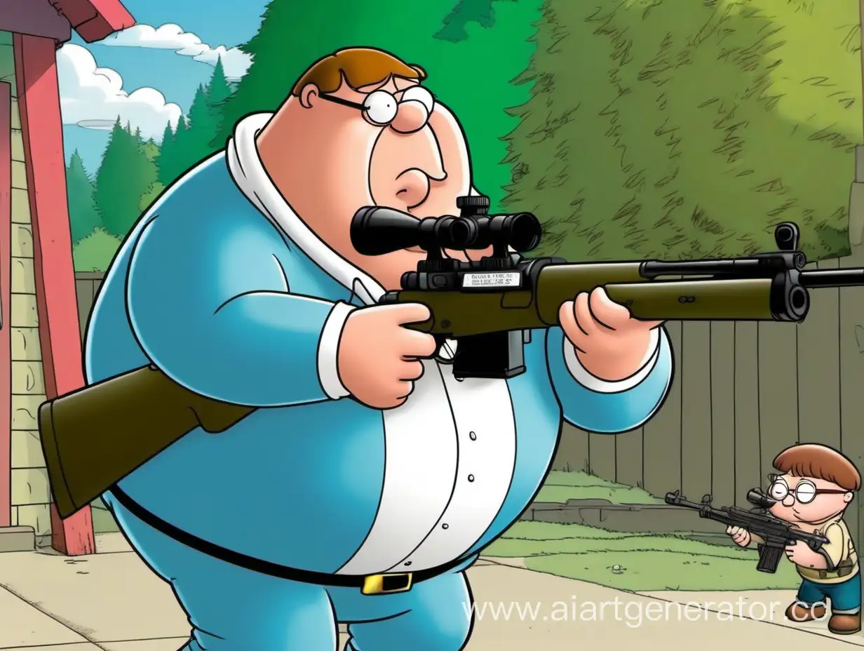 Питер Гриффин из мультика "Гриффины" целится в толстого мальчика по имени Денис Киршин из снайперской винтовки