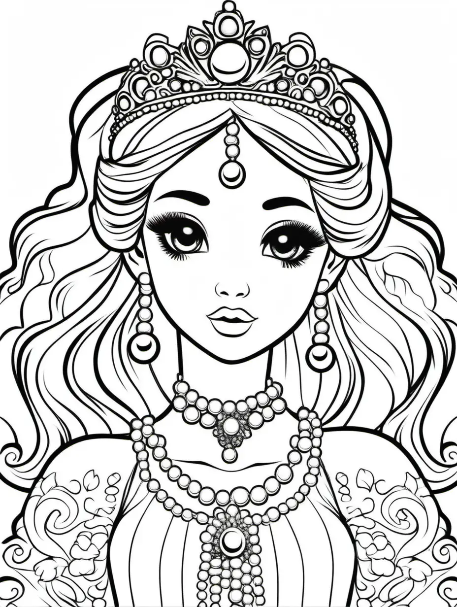princess style image girl with pearl, coloring page for kids 