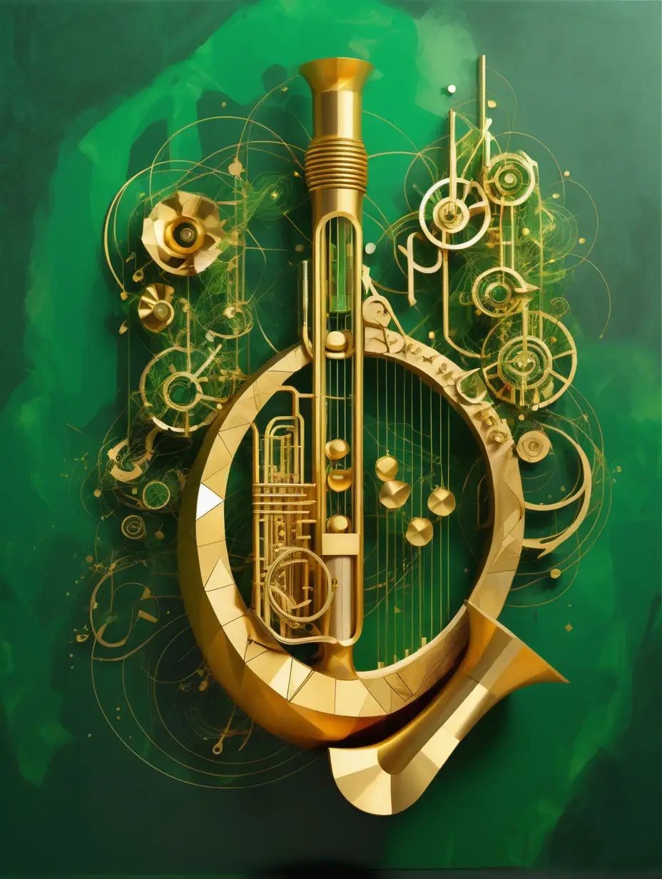 organic and mechanical art with gold wood musical instrument, in a geometric and abstract  green background