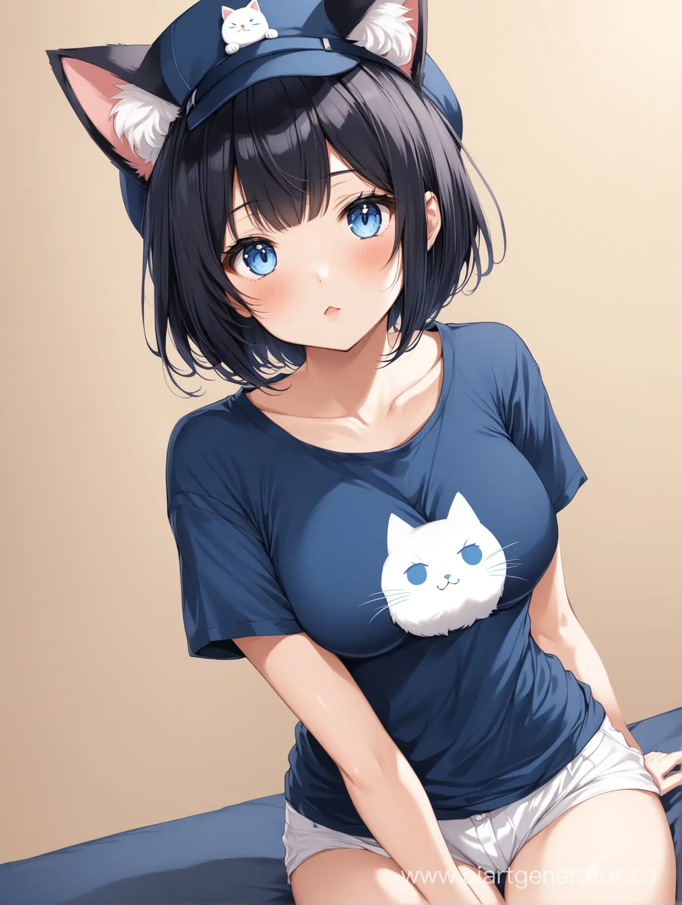 Cute girl, short black hair, skyblue eyes, sexy figure, medium breasts, cat ears headwear, dark blue t-shirt, 