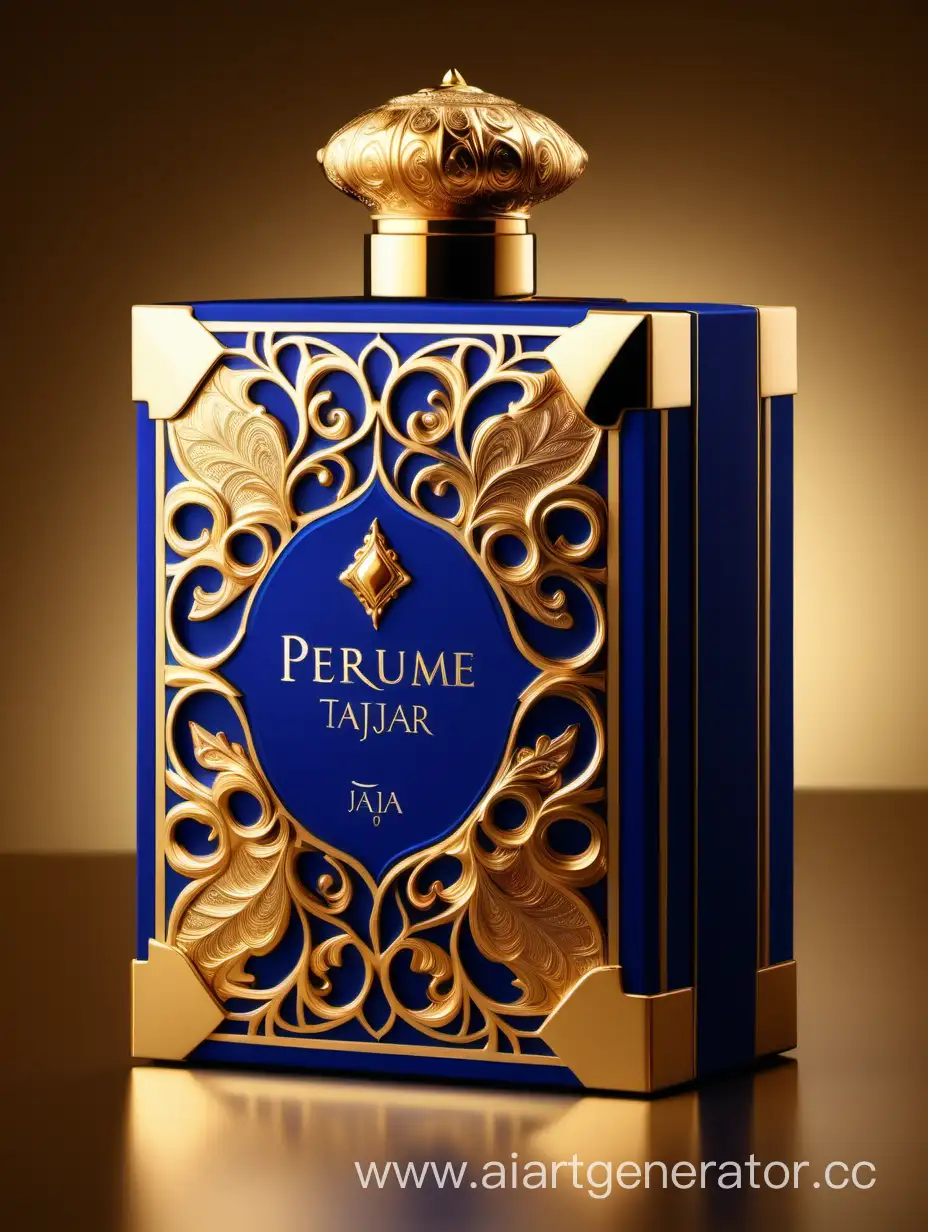 Box package design of perfume TAJDAR product, elegant, trending on artstation,   sharp focus,   studio photo,   intricate details,   highly detailed,   gold, Royal Blue and beige color on gold background