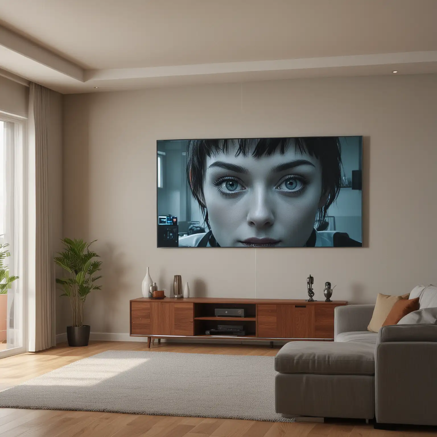 a living room scene with television screen depicting a human with obvious robot features. eye level perspective
--ar 2:3 --sref https://s.mj.run/87Sjf94hFiI ::1.5 <https://s.mj.run/BdQFQve9VPQ>