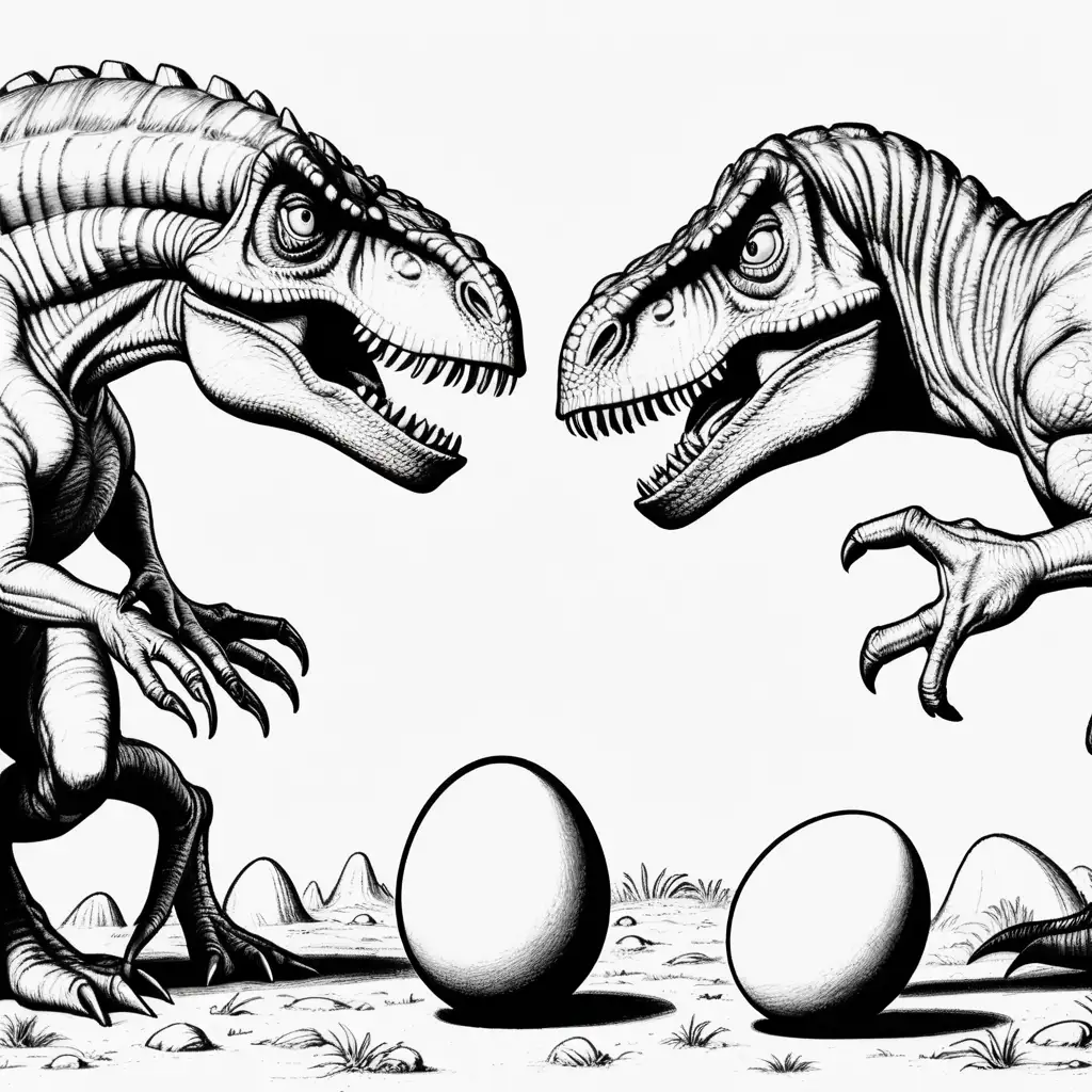 dinosaurs fighting over egg, frightning, no shading, 
,  coloring page, cartoon, black and white,  no shading, high dof, 8k,--ar 85:110
