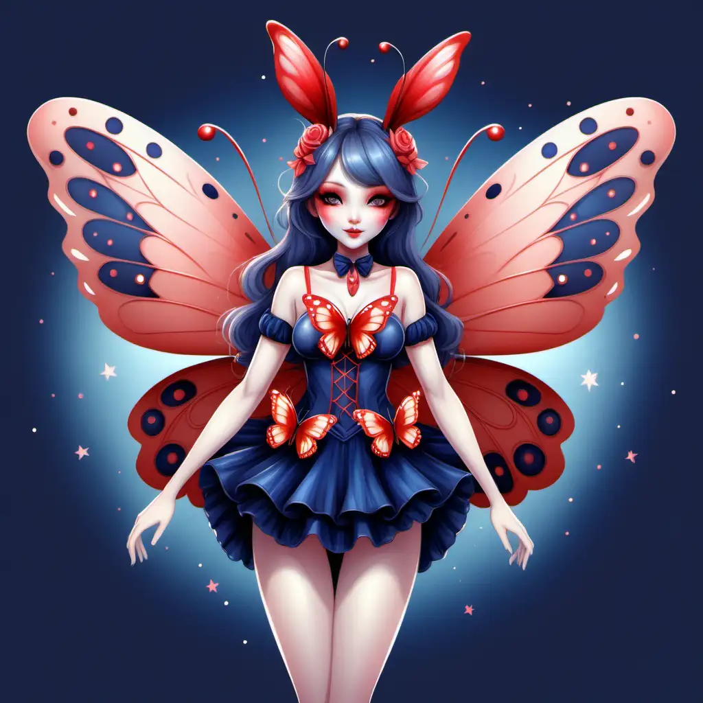 Fantasy Illustration of a Stunning Butterfly Bunny Girl in Red and Navy Pastel Colors
