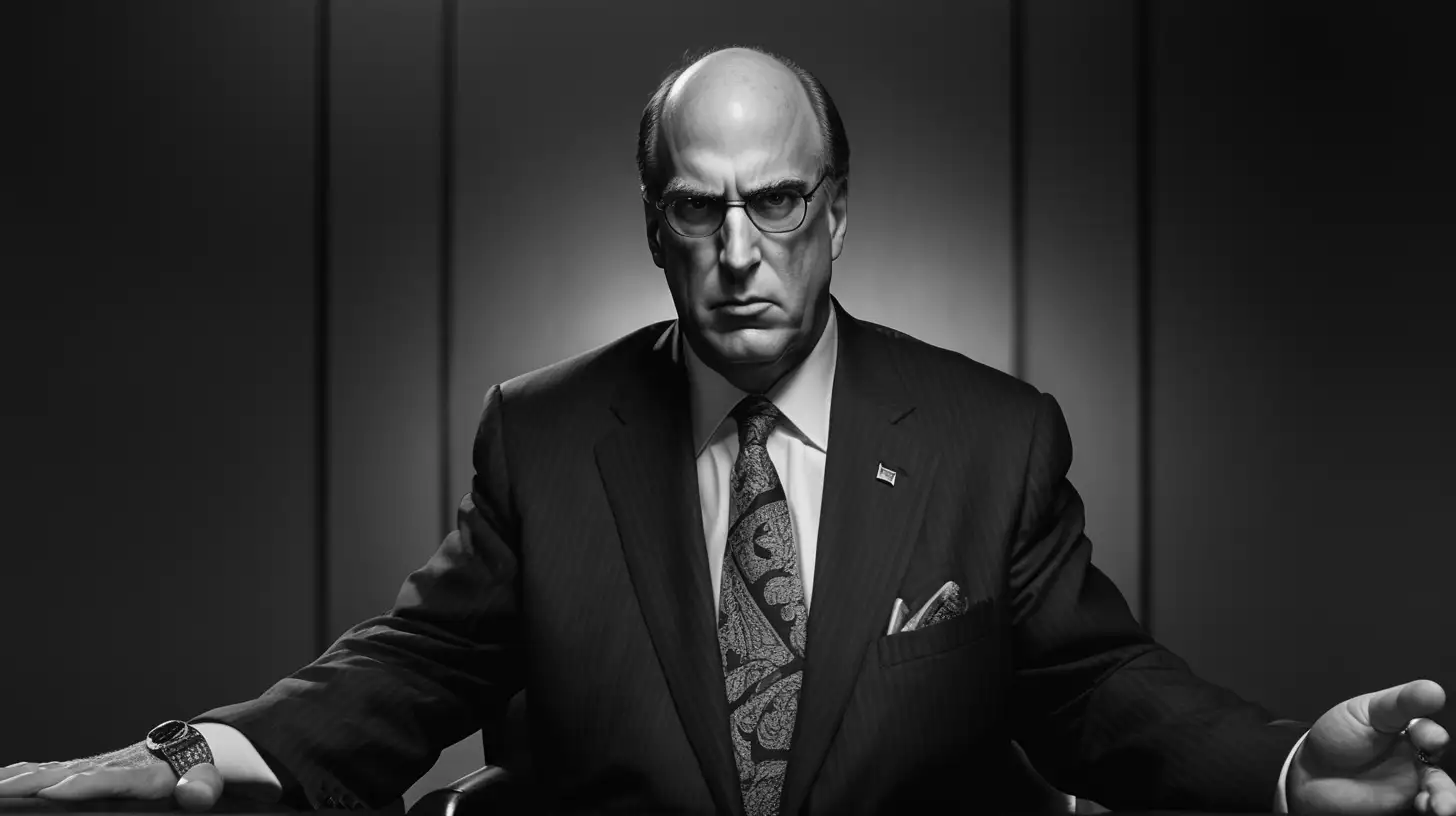 Generate an image depicting evil Larry Fink form BlackRock, exuding a sinister presence and embodying traits associated with temptation and manipulation.