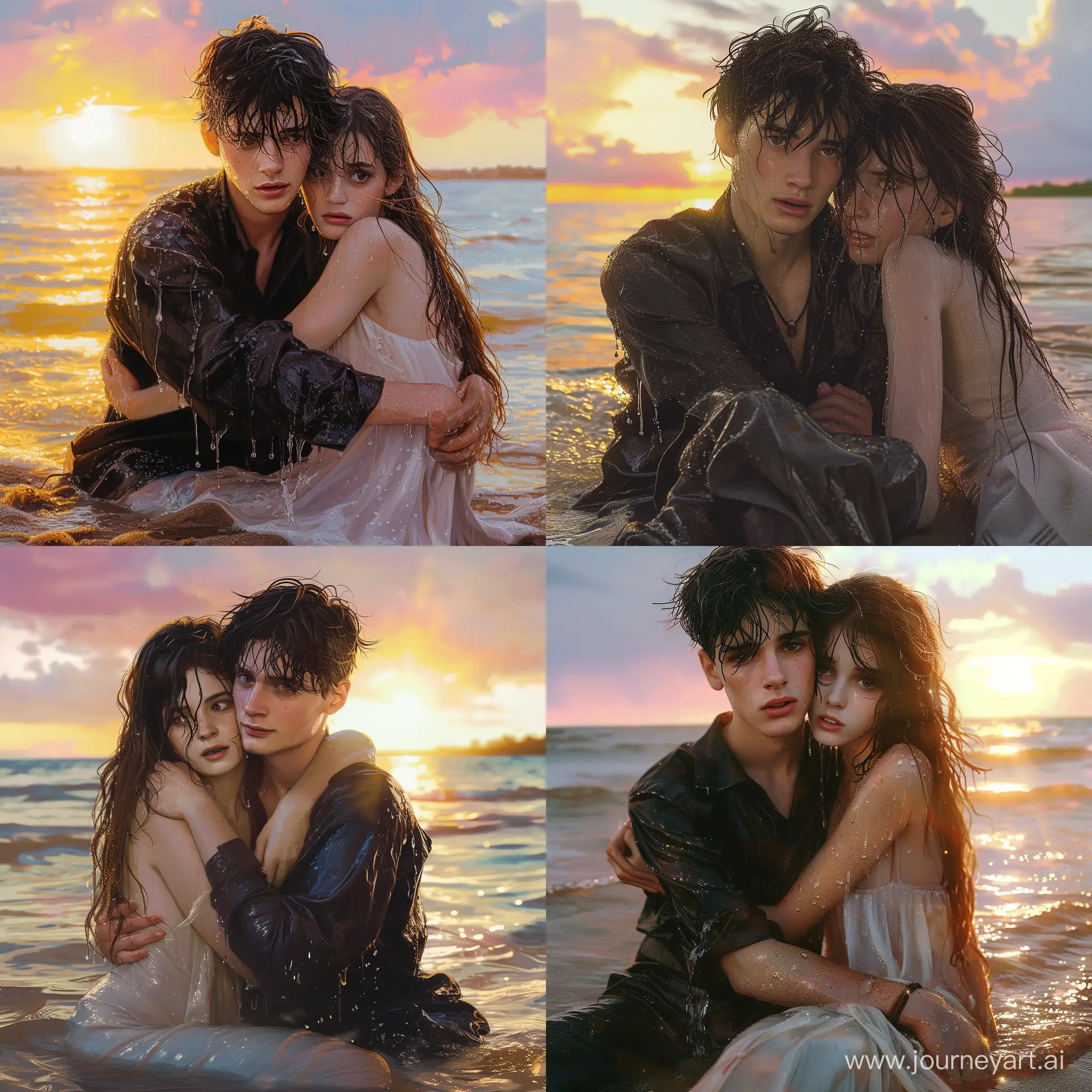 Romantic-Lakeside-Embrace-at-Sunrise-with-Wet-Couple