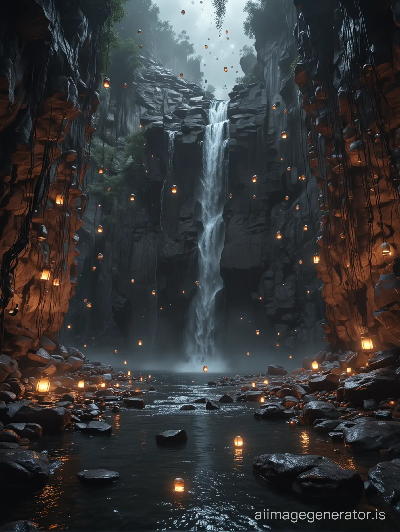  a waterfall flowing near a sky with little lanterns floating above, in the style of apocalypse landscape, exotic fantasy landscapes, dramatic use of lighting, captivatingly atmospheric cityscapes, romantic: dramatic landscapes, high resolution --ar 16:9 