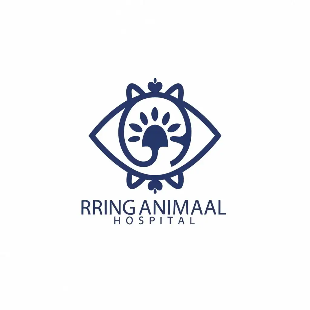 logo, cat, dog and rabbit inside an eye. round logo. simple logo. blue colors, with the text "Ring Animal Hospital", typography, be used in Medical Dental industry