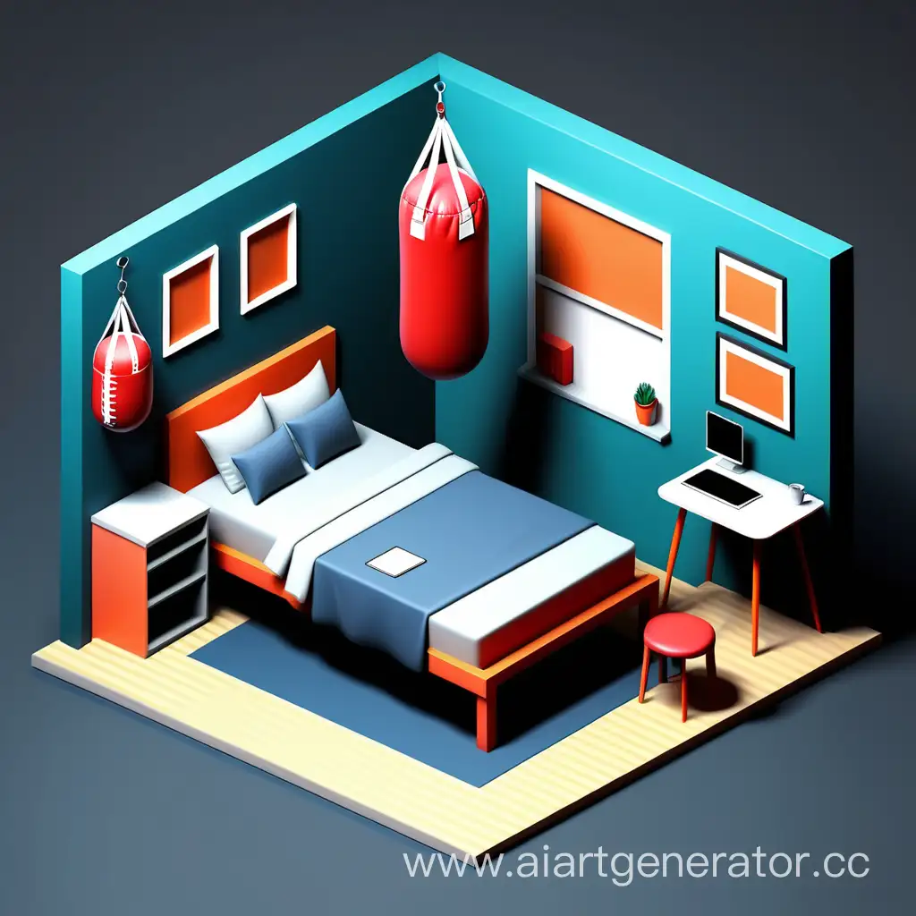 3d isometric room design sport illustration with punching bag with bed and table with laptop

