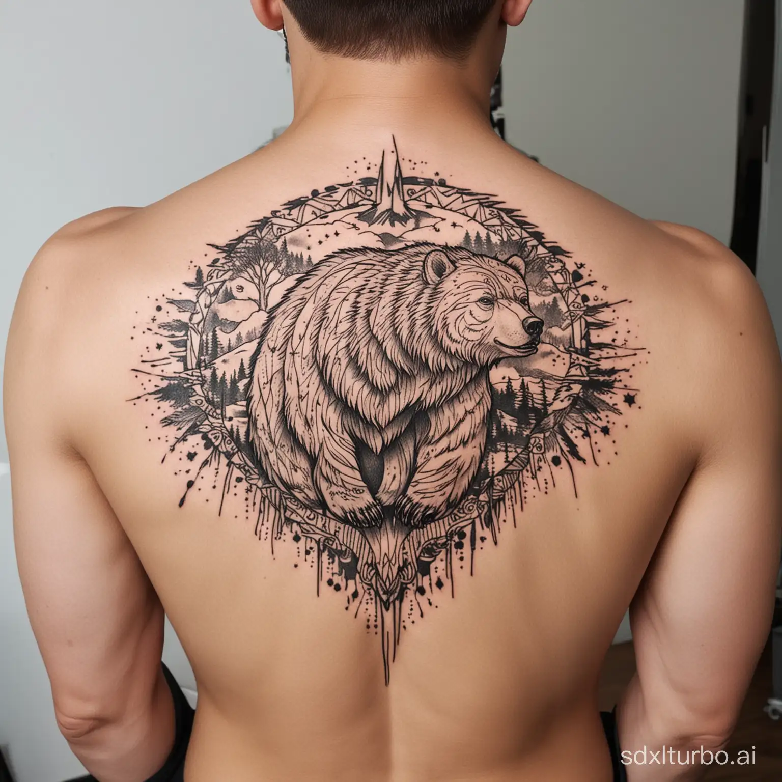 Tatuagem grande nas costas do contorno de um espírito de urso sem muitos detalhes