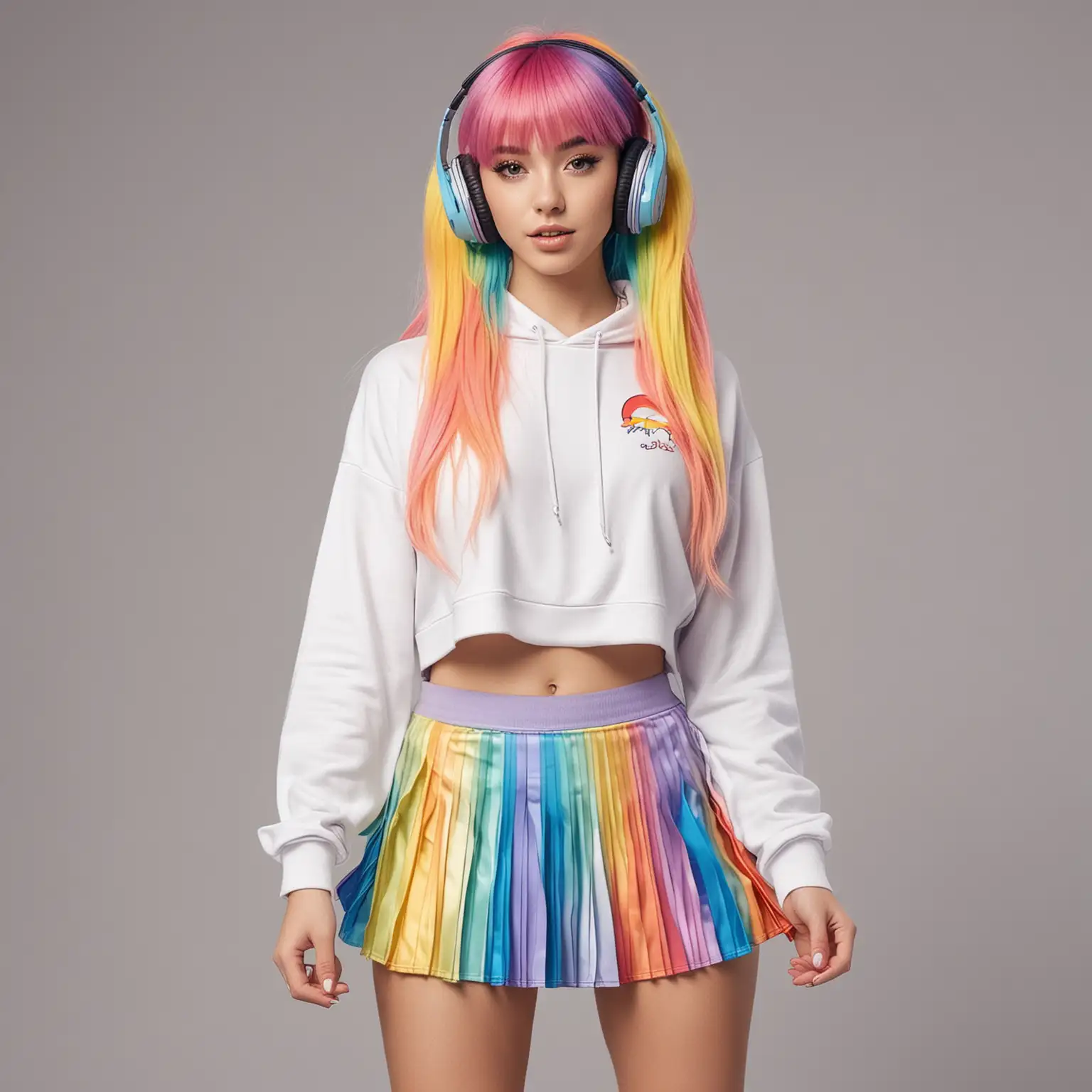 Realistisch einer jungen Frau mit Regenbogenhaarfarbe im Kawaii-Stil:
Pleated miniskirt with a cropped hoodie and headphones