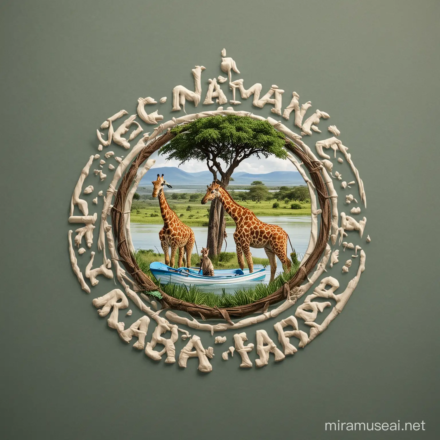 imagine/ a symbol a round logo of eco-safaris that will have an acacia tree a giraffe eating its leaves and it beside a lake hippo opening it mouse wide in kenyan setup name i s lake naivasha boat riders

