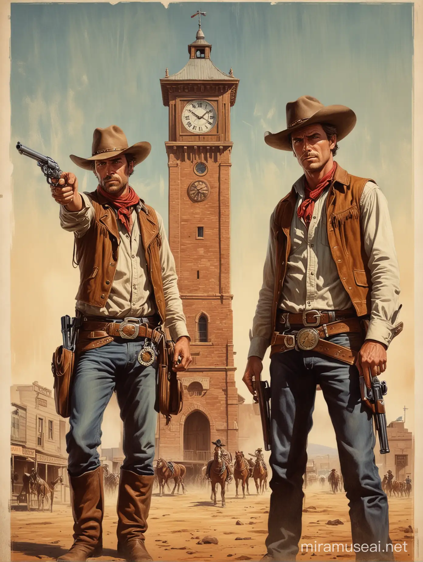 western poster of with two cowboys pointing there gun at each other and theres a clock tower that says 10pm on it. 