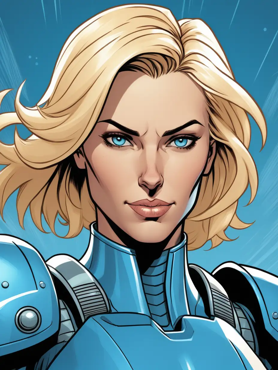 Comic art style close up portrait of a tall, muscular caucasian woman with bobbed blonde hair. Happy. She is wearing ocean blue power armor covering her torso.