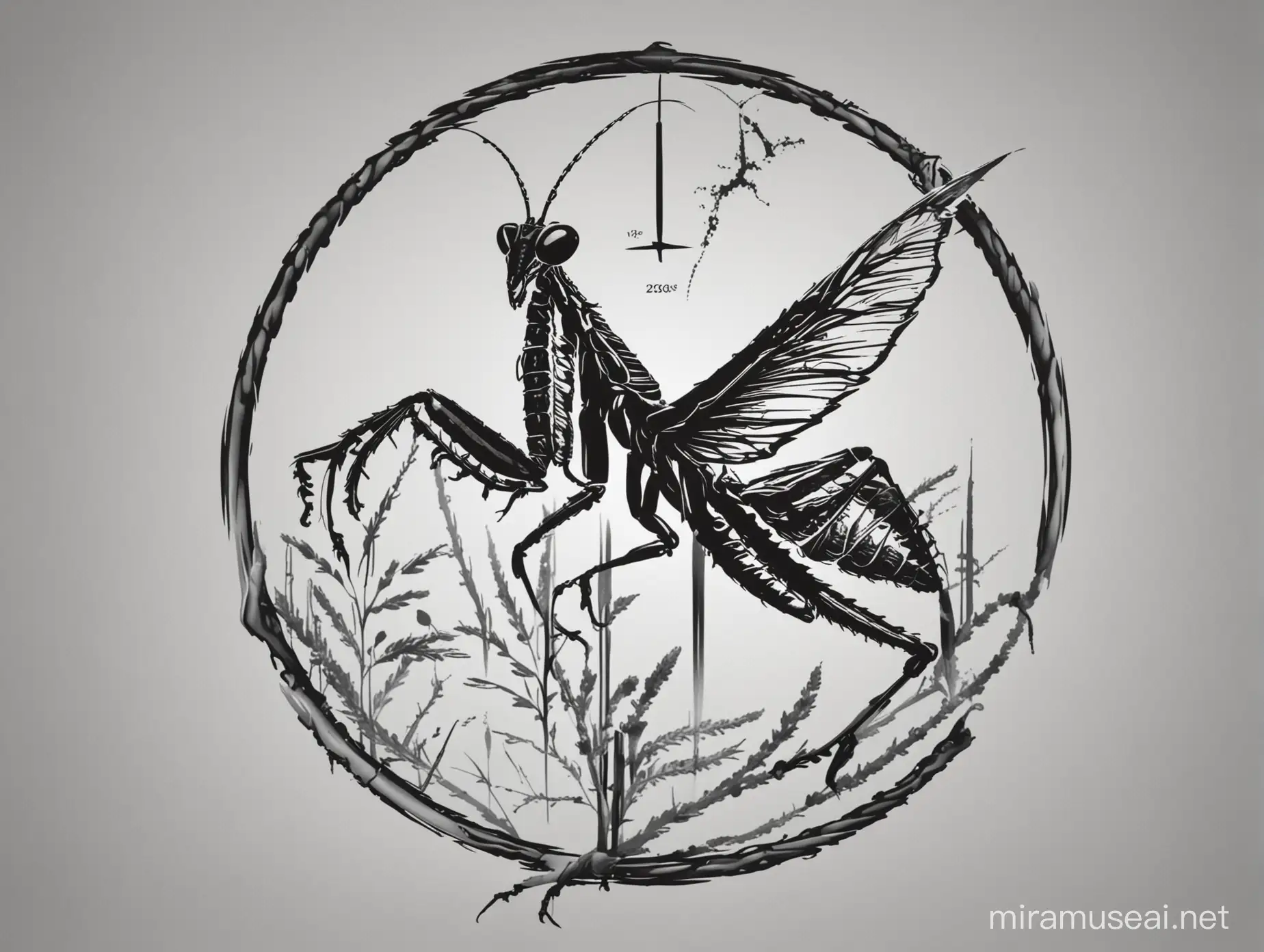A black and white scientific logo with a praying mantis as a symbol
