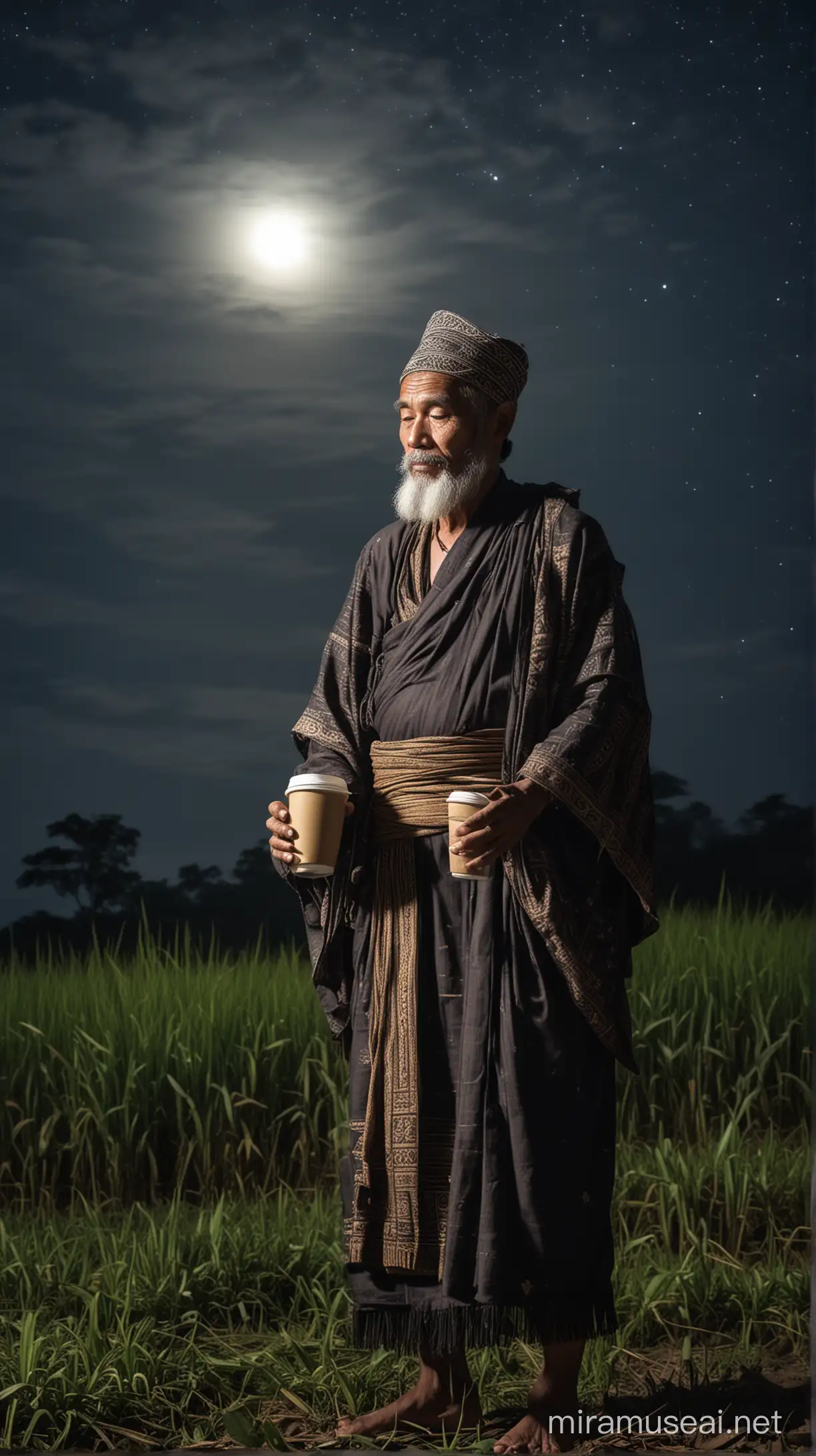 4 30 years old man wearing a sarung and Koko with a black Kopiah, drinking coffee over the love and rememberqnce of heavenly death, nightsky, starry, full moon, ricefield, ultra hd, soft lightning