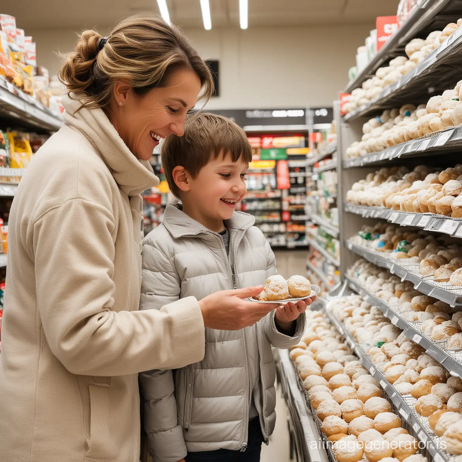 A mother and her son buy Snowball Cookies from a supermarket