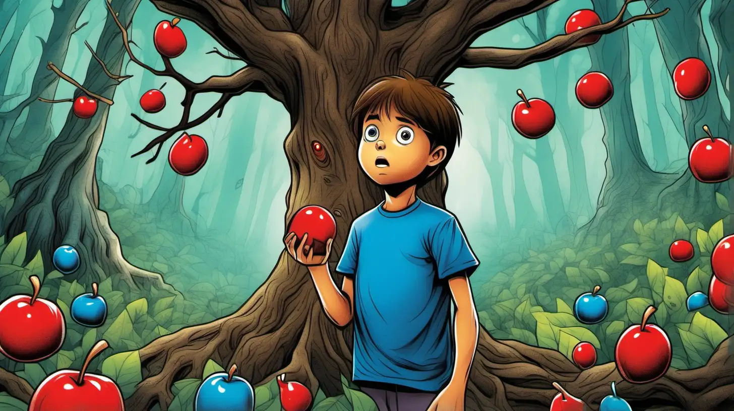 illustrate A ten-year-old brown-haired wearing a blue t-shirt boy stands next to a tree with fear,  whose fruits are little red candys. It uses tree branches as its hands and has eyes and a mouth.   , in the magical forest