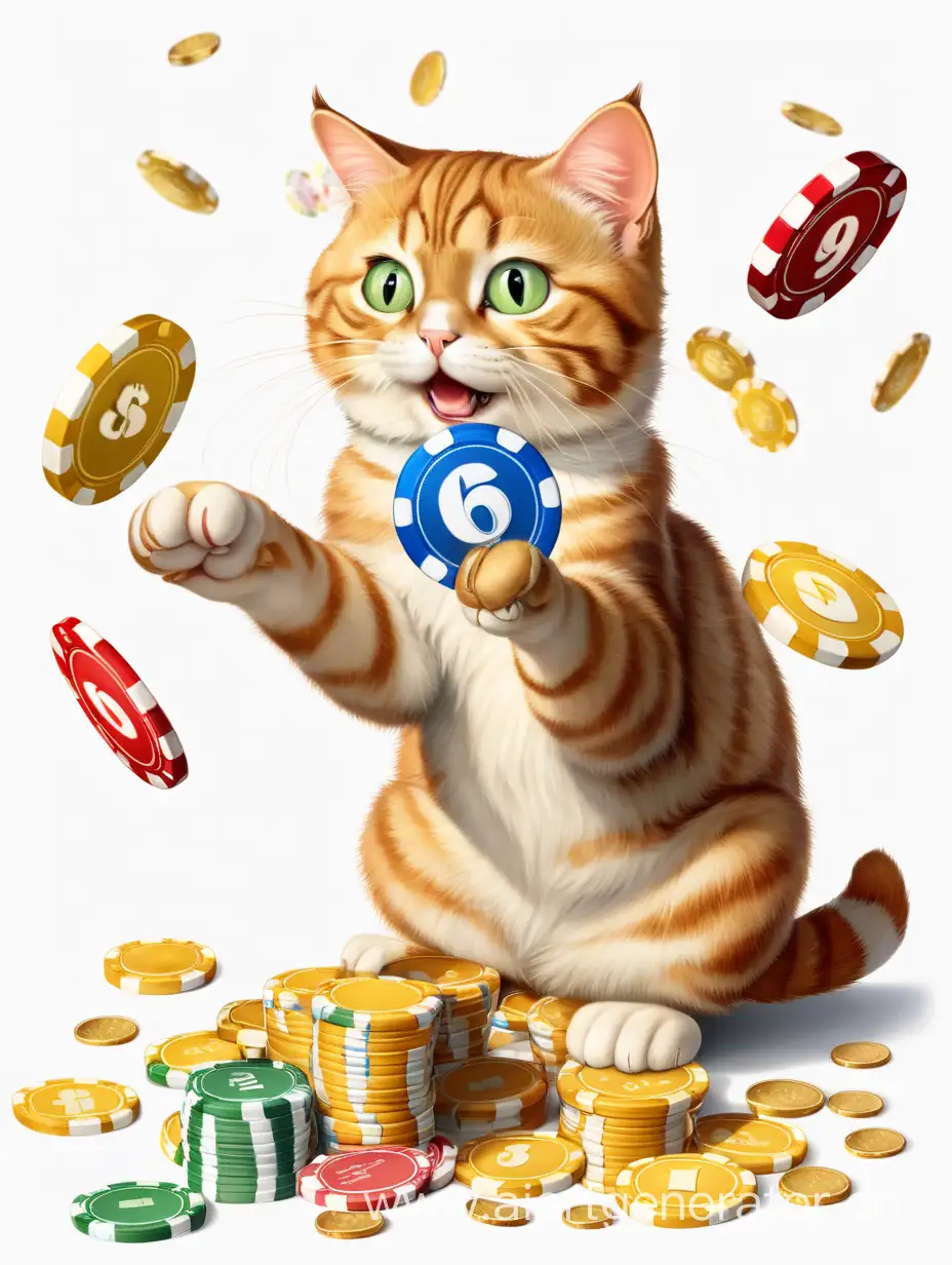 Кот,  на белом фоне, играет в лотерею и у него есть деньги и вокруг фишки казино
