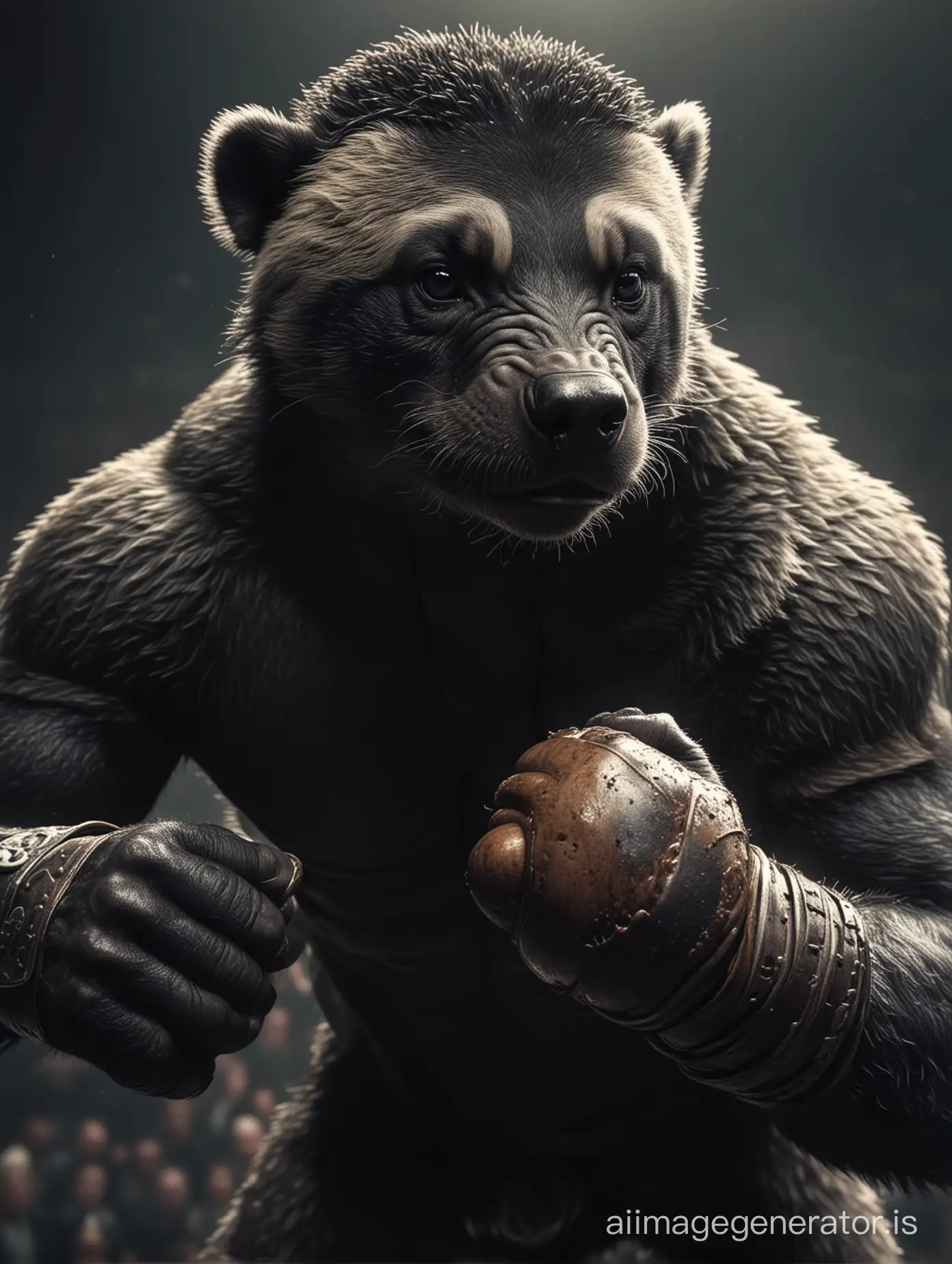 Animal (honey badger), large boxer, fight on the ring, strong punch. Anthropomorphic. Fantasy, art, brutality, strength, power, belligerence, courage. HD, 4k, detailization, proportionality, close-up. Dark tones, bright colors, contrast.