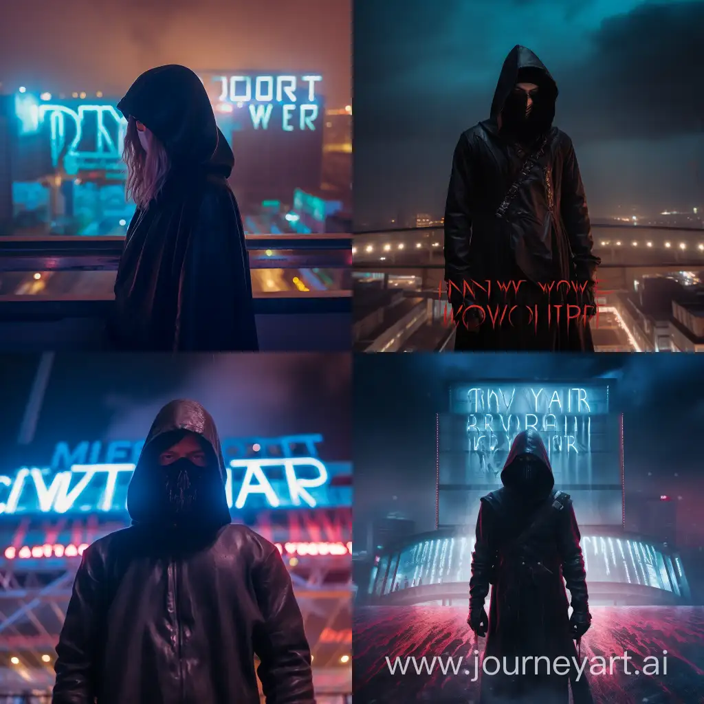 Mysterious-Urban-Vigilante-Captures-Cyberpunk-Cityscape-with-No-War-Neon-Sign