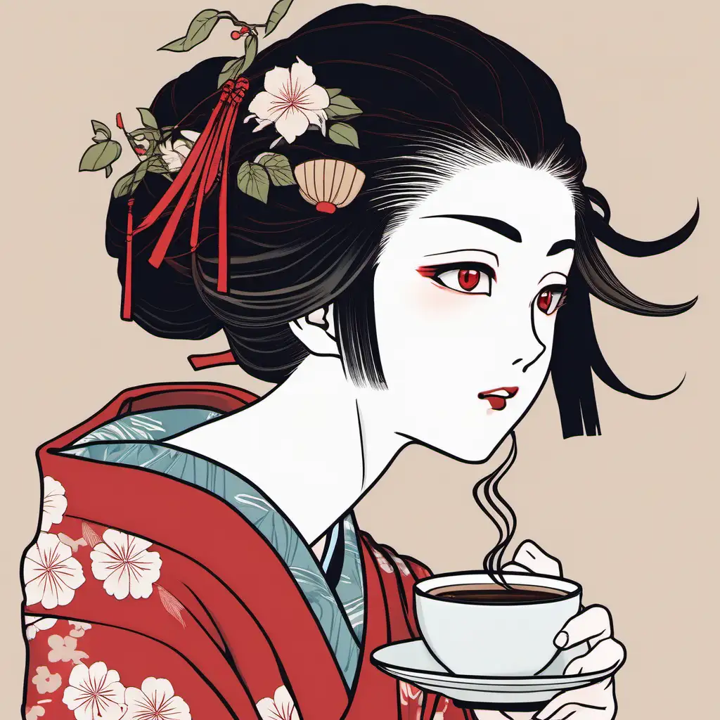 face up, look to the left, Ukiyo-e, coffee, simple background,
red hair, red eye, red kimono