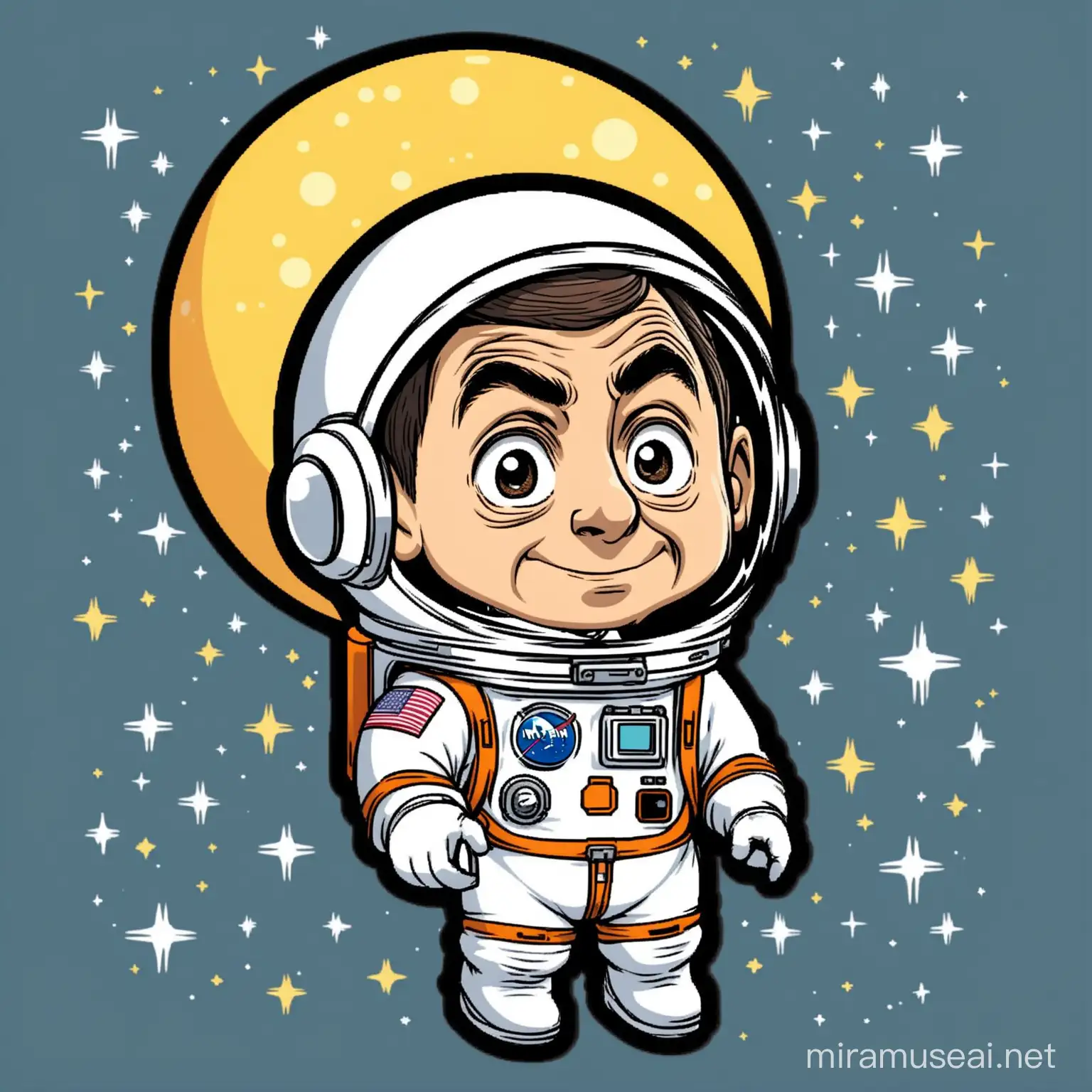 Mr Bean, with an astronaut helmet wearing his suit, on the moon, hilarious cartoon sticker