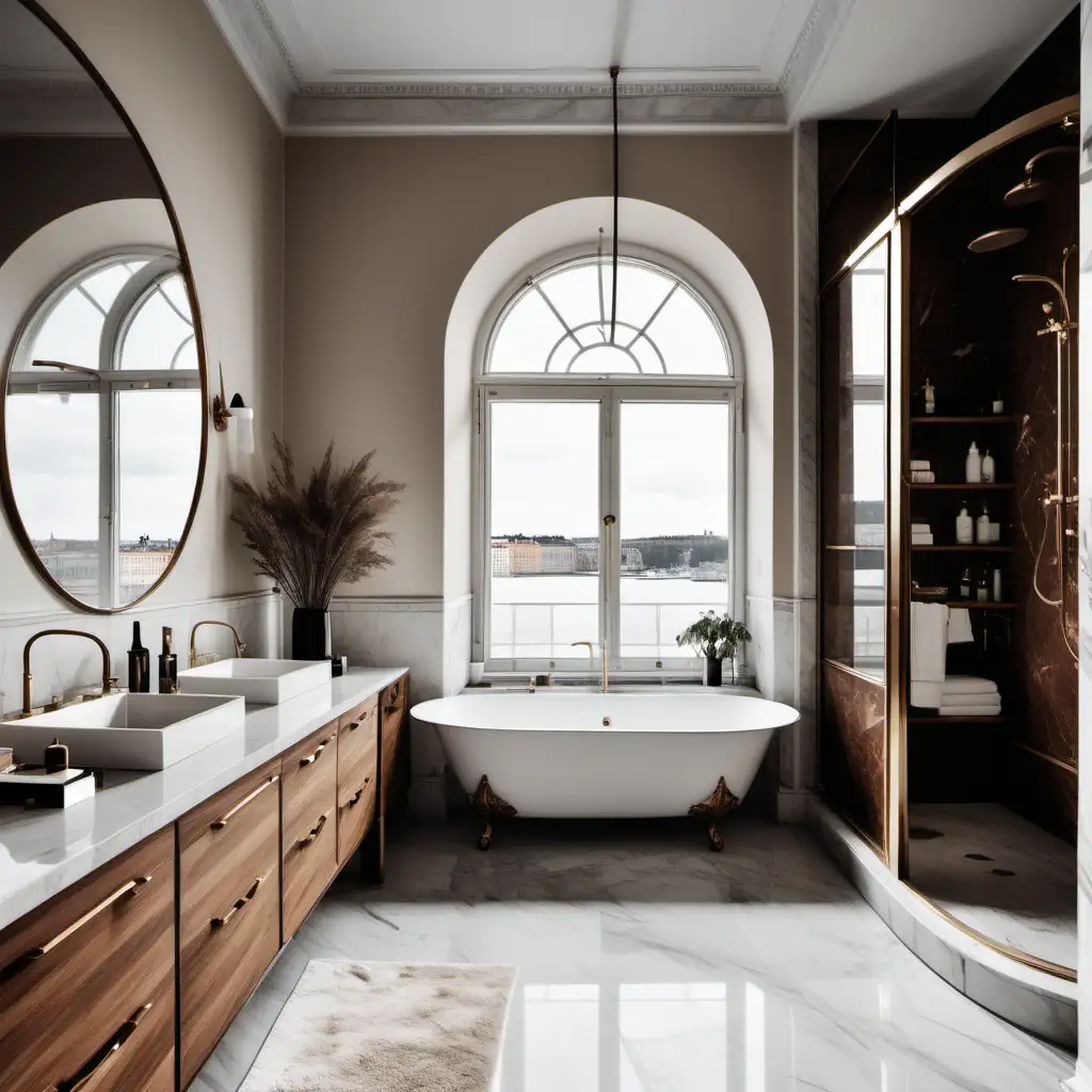 a large luxurious bathroom in a huge turn-of-the-century apartment in Stockholm, a large window where you look out over the water on the beach road. the bathroom should be in Scandinavian style with the colors beige, brown,white marble, walnut with black details. A large covered shower that you can sit under, and luxurious fluffy towels