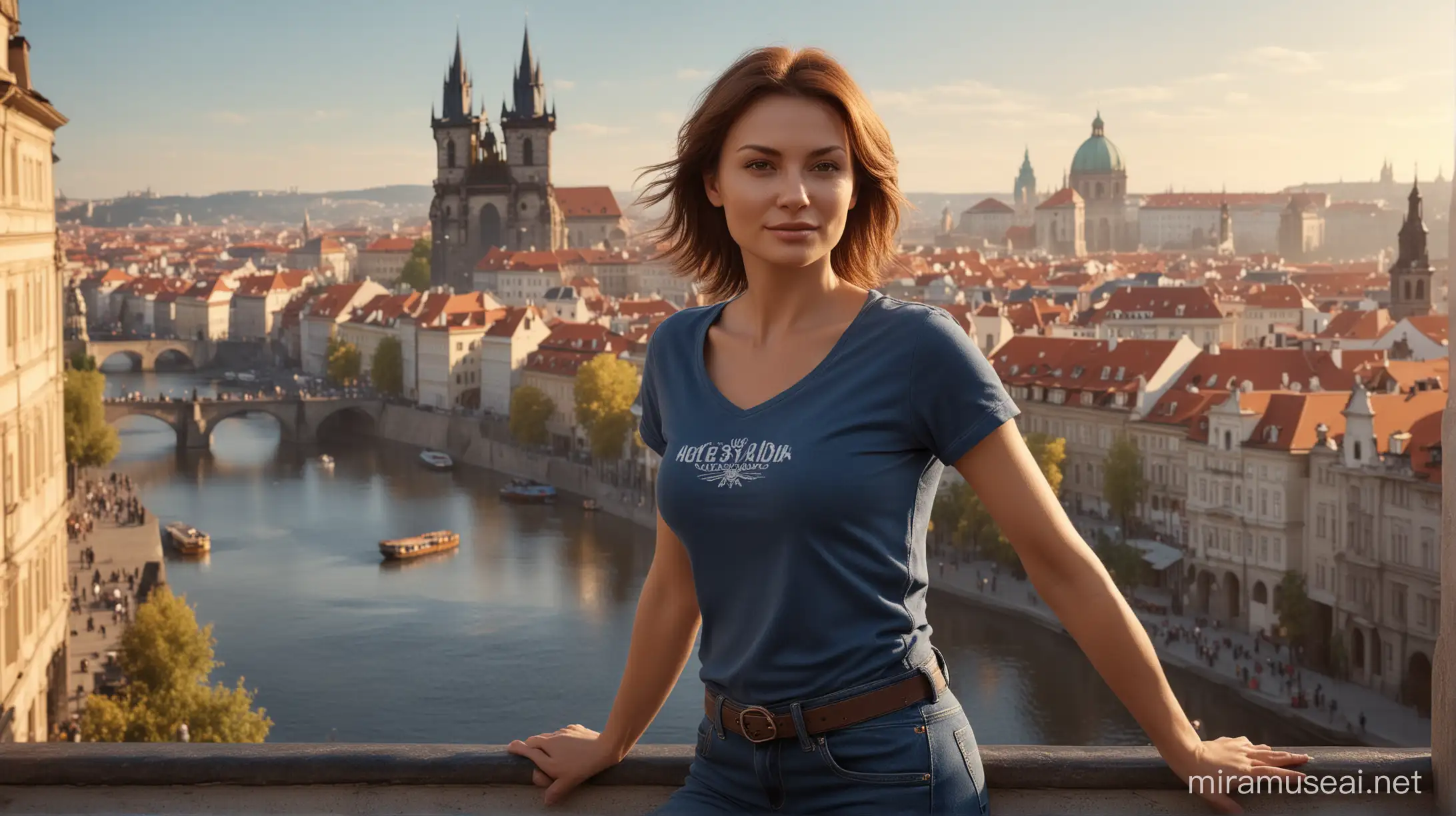 A stunning cinematic 3D render of a 40-year-old Slavic woman, with short brown hair, standing in the heart of Prague. She is wearing blue jeans and quality expensive black t shirt, The atmosphere of the image is lively and energetic, with the sun casting a warm, golden glow over the scene., cinematic, photo, 3d render, 3d render, photo, cinematic
