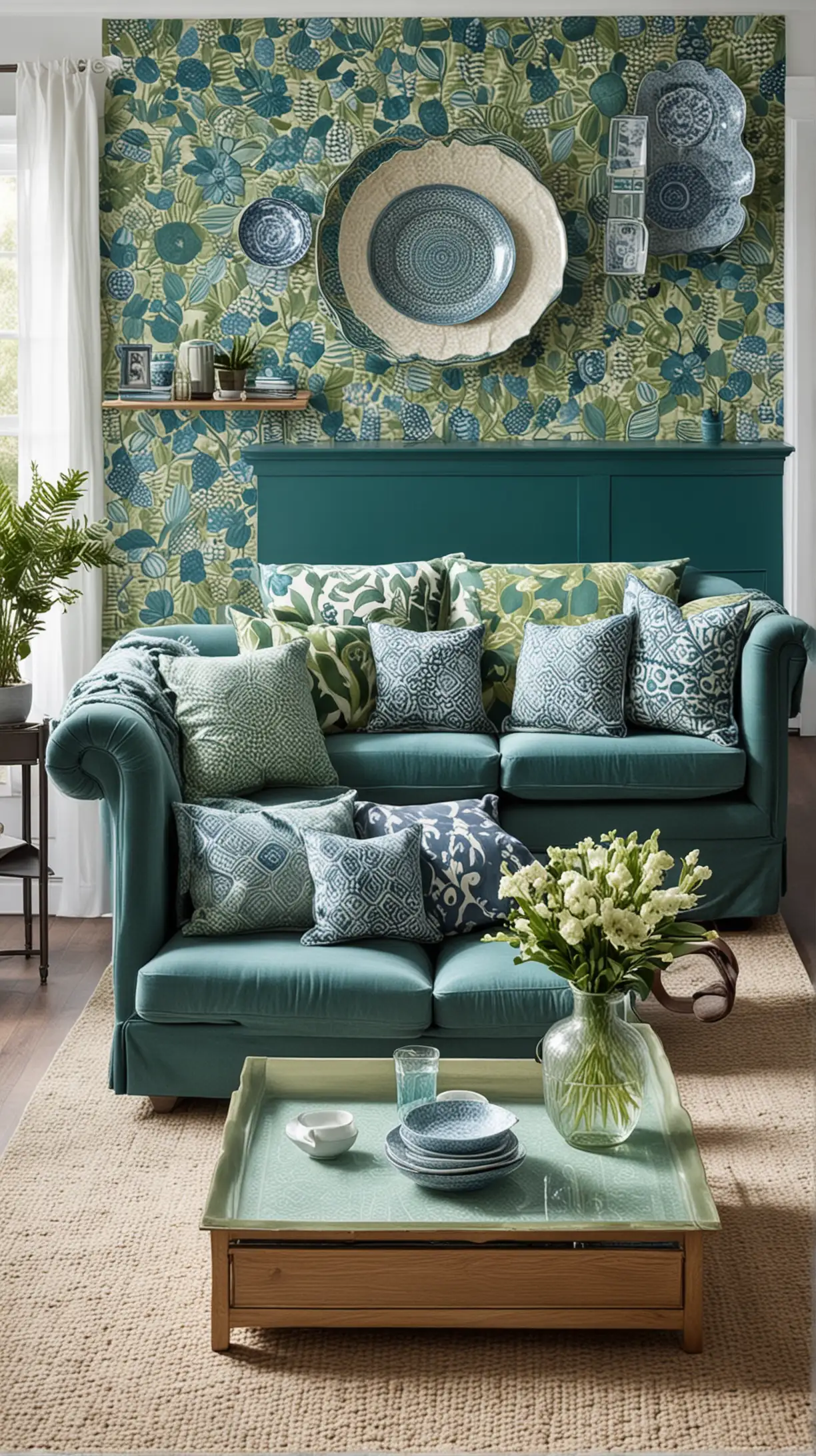 Elegant Blue and Green Living Room with Hanging Decorative Plates