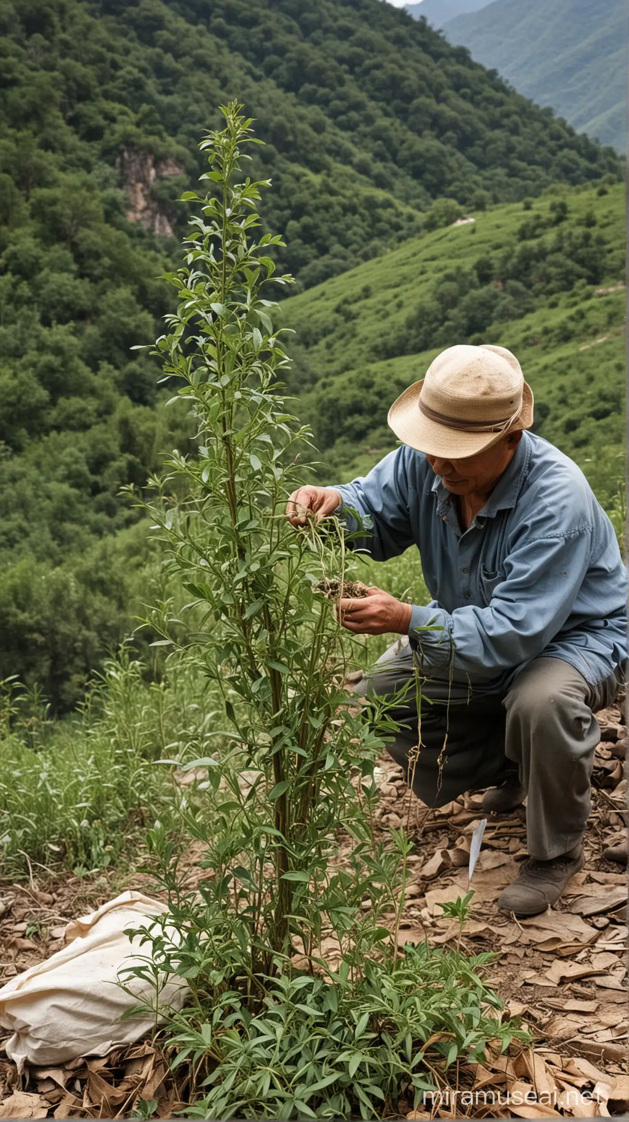 一个农民在大山里面提取一种中草药植物
