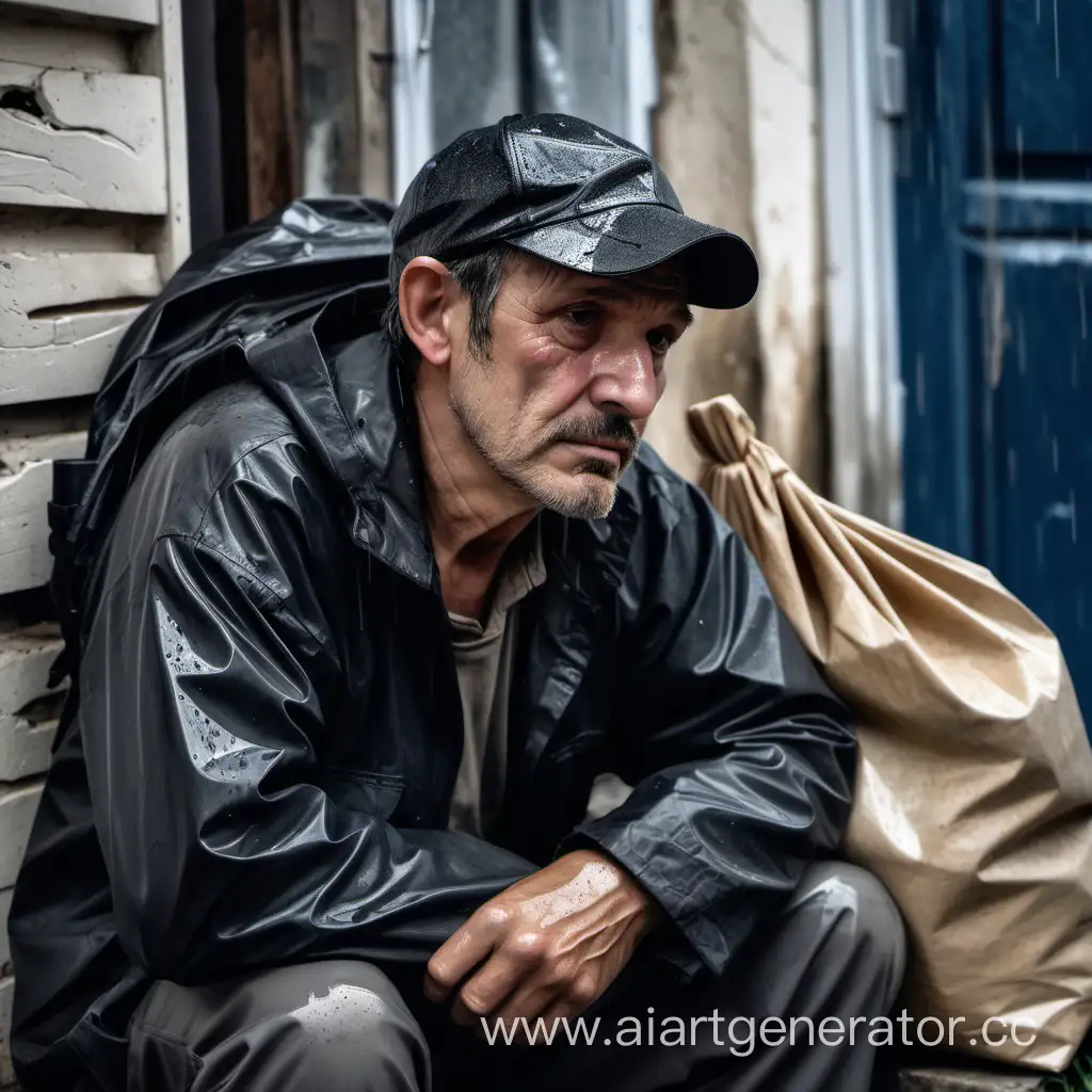 Мужчина лет 50, с  щетиной на лице, с греческим носом, в черной кепке, сидит под дождем, около старого потрёпанного одноэтажного дома, с пакетом в руках. Обстановка мрачная и депрессивная.