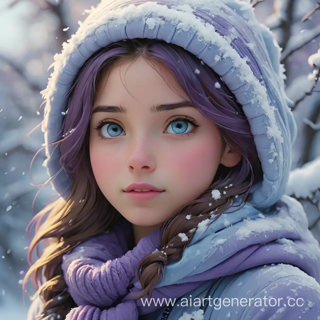 девочка олицетворяющая холодные цвета, глядя на которую в голову приходит зима, снег, фиолетовый, голубой, синий