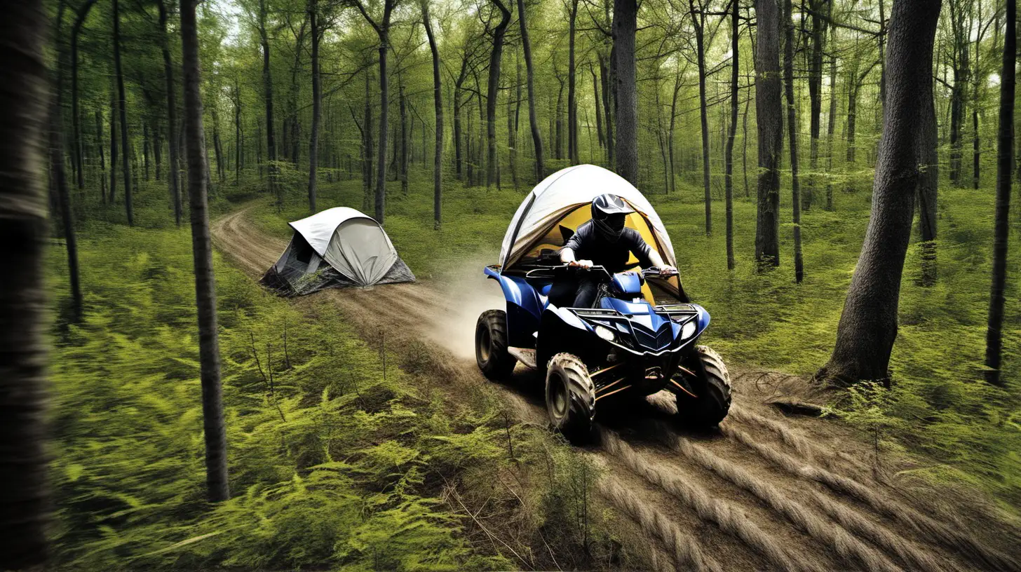 ATV driving in high speed in woods towing a tent in a rope

