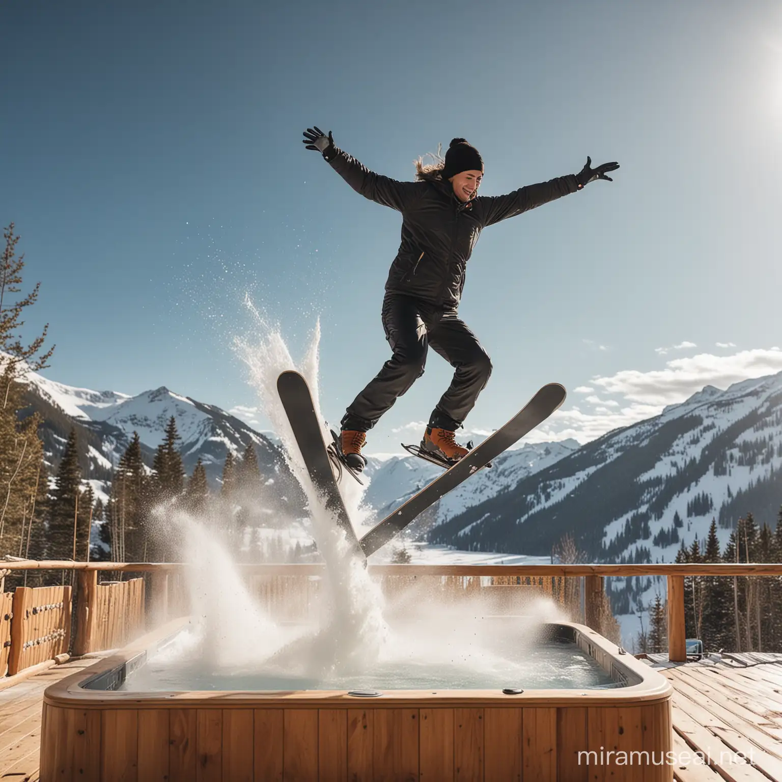 Create an image of a person jumping with a ski over a wooden hot tub.
