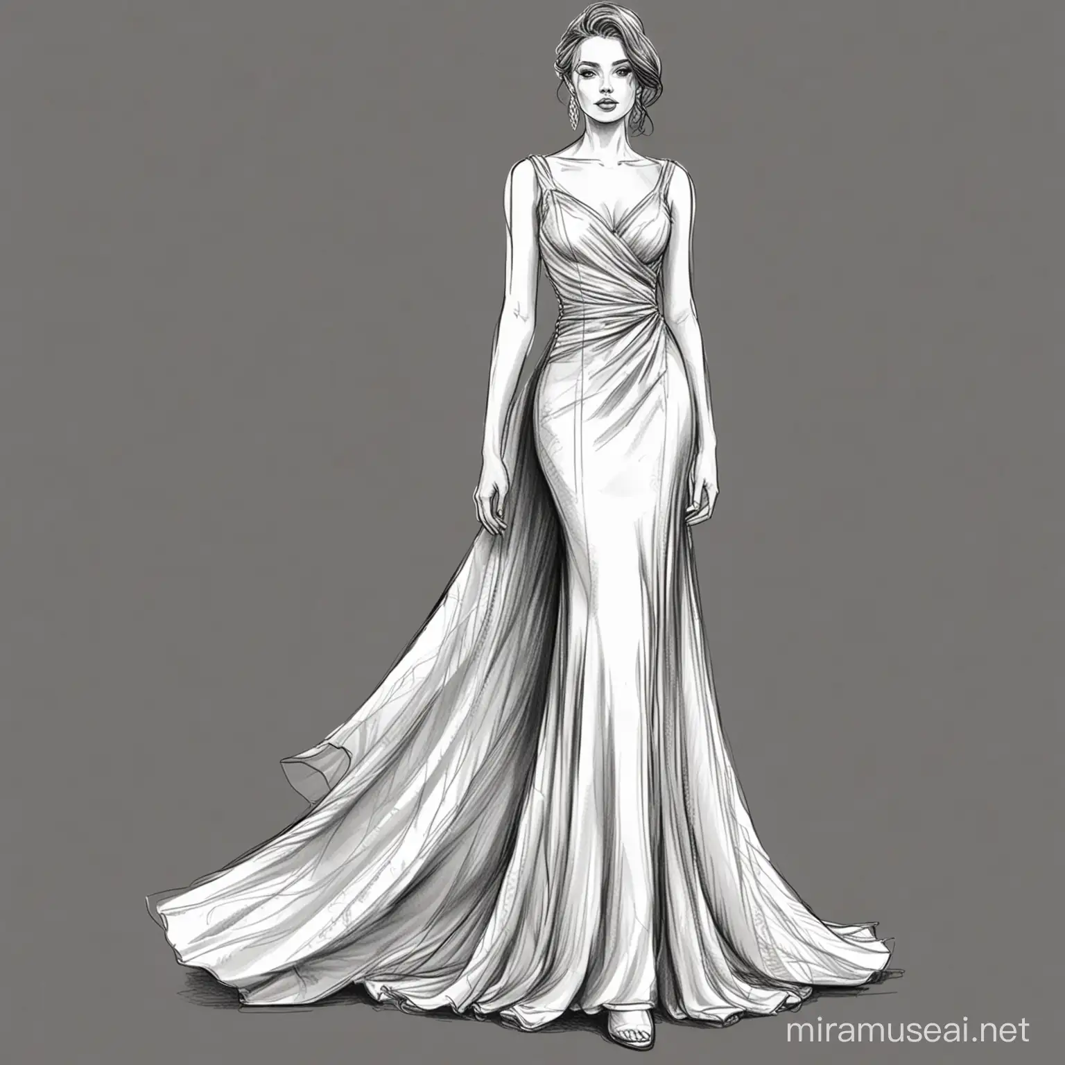create an hand drawn evening wear dress for women in fashion illustration in black and white  line art  with out face