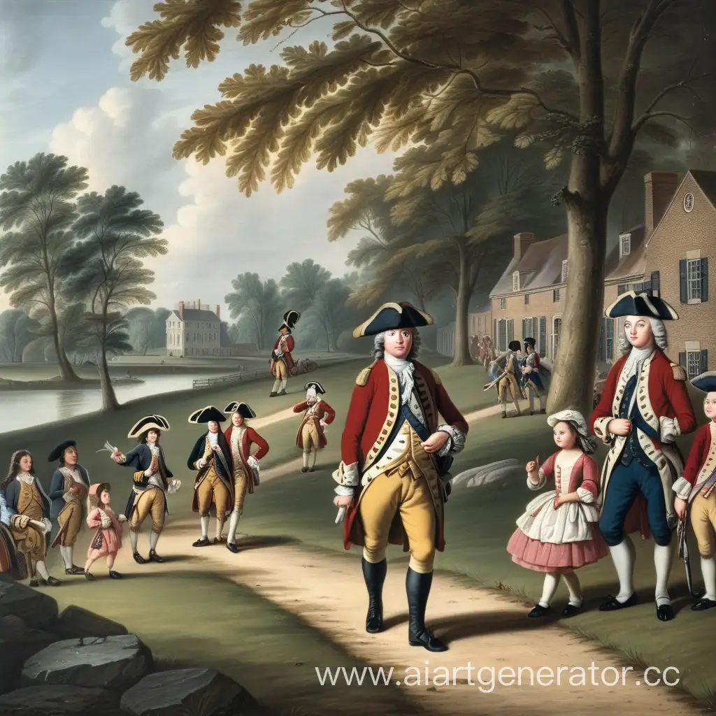 на переднем плане по дорожке идет 
 военный в одежде 1773 года, на заднем плане 4 ребенка играют 