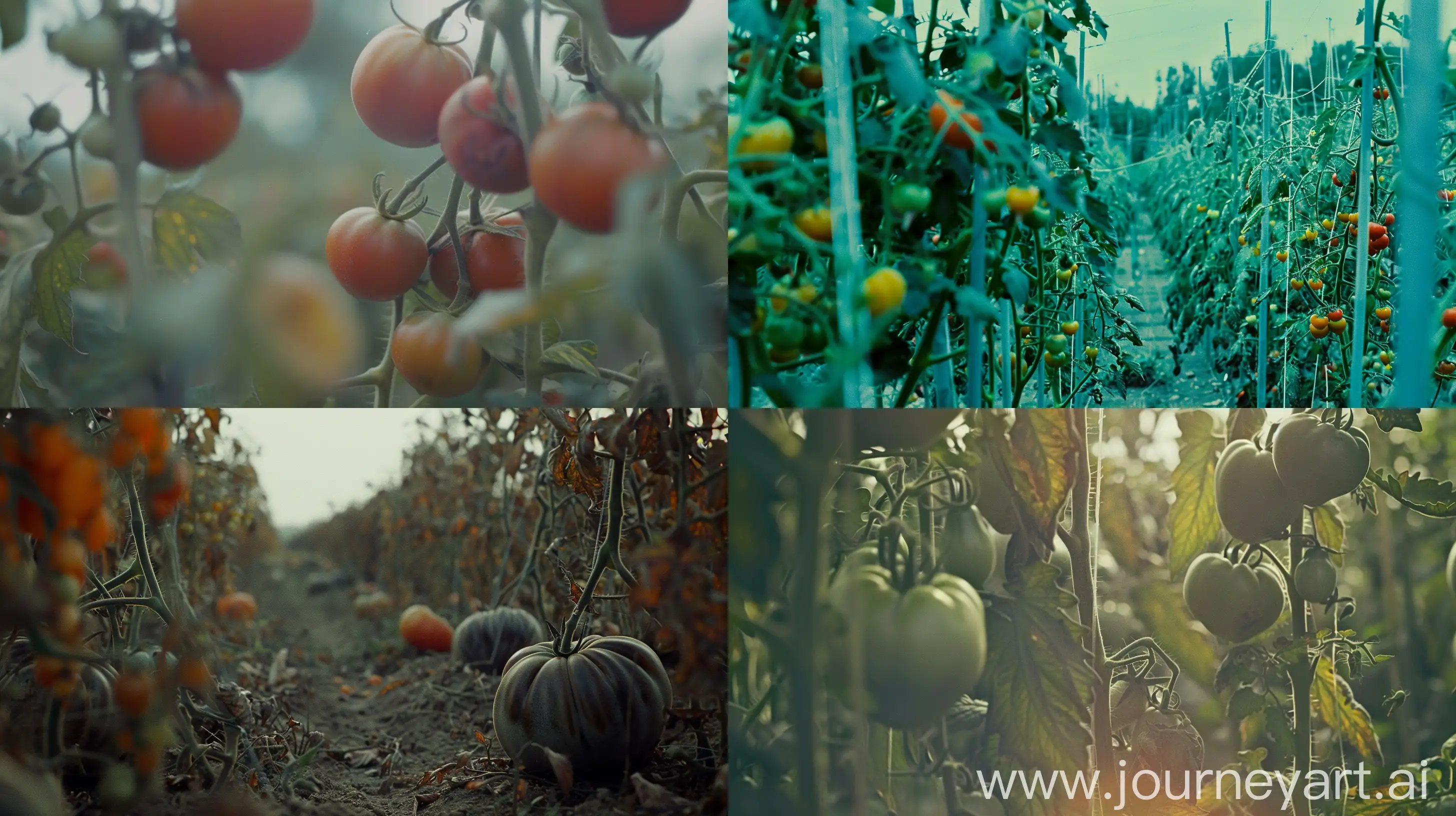 Wide remote shot by 35mm camera for tomatoes in huge farm, soft colors, in daytime, VHS effect, --ar 16:9 --s 0 --style raw --v 6 