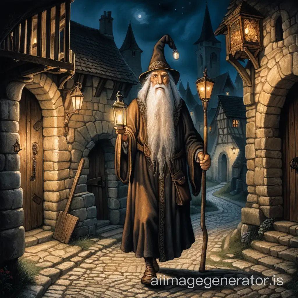a playing card depicting an old man, tall, wearing a hat, with a very long white beard, walking in a dark street of a medieval village. HE HOLDS IN HIS HAND an ancient lit lamp