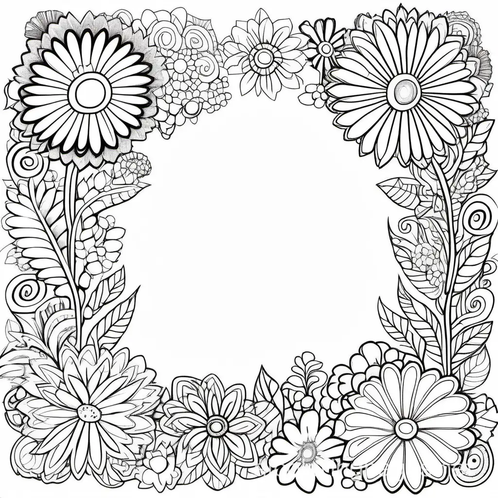 floral doodle page with a large blank space in the middle, Coloring Page, black and white, line art, white background, Simplicity, Ample White Space. The background of the coloring page is plain white to make it easy for young children to color within the lines. The outlines of all the subjects are easy to distinguish, making it simple for kids to color without too much difficulty